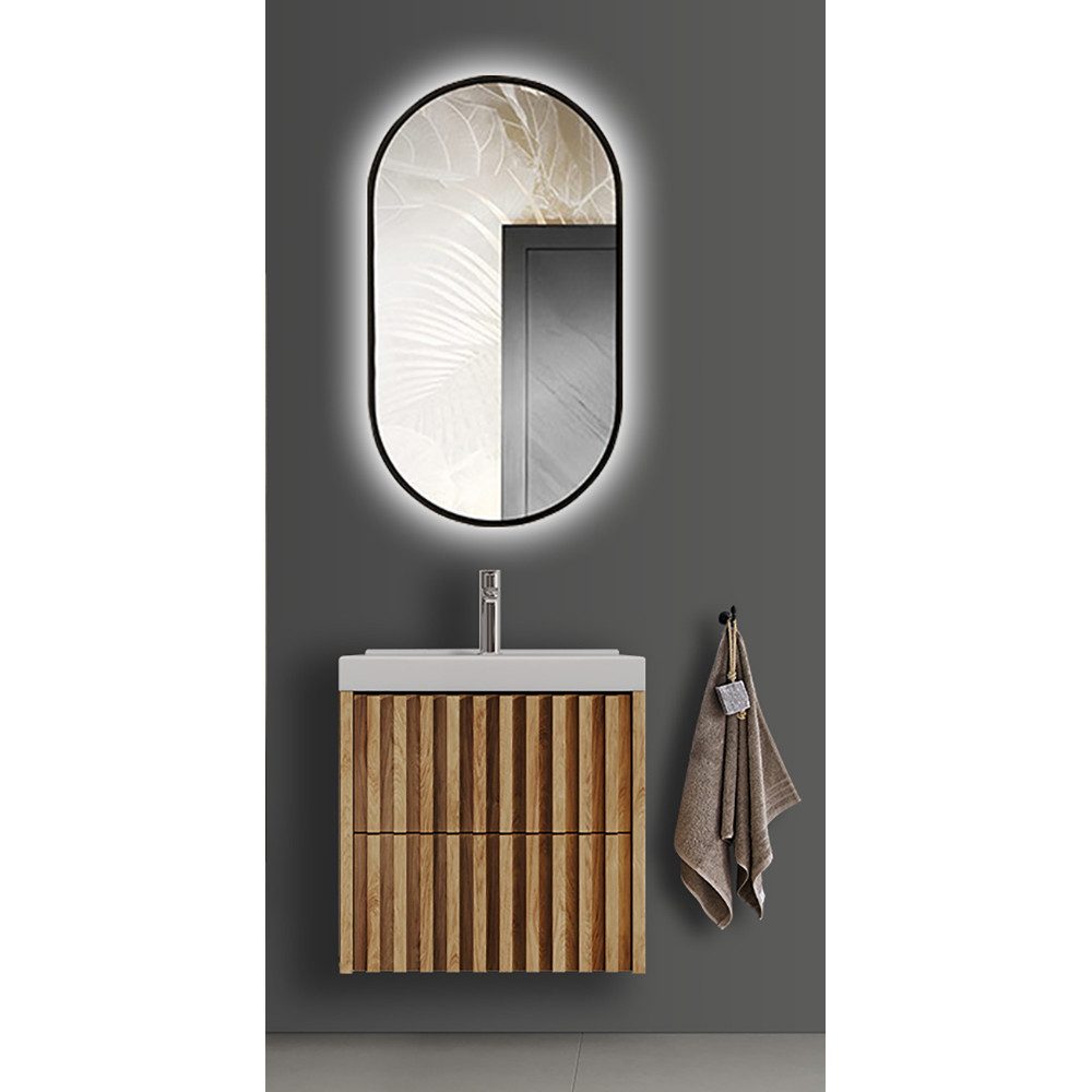 Lomadox Badmöbel-Set DESIO-107, (Spar-Set, 2-St., Waschtisch LED-Spiegel), in Eiche Nb. mit Lamellenfront, griffloses Design, Softclose