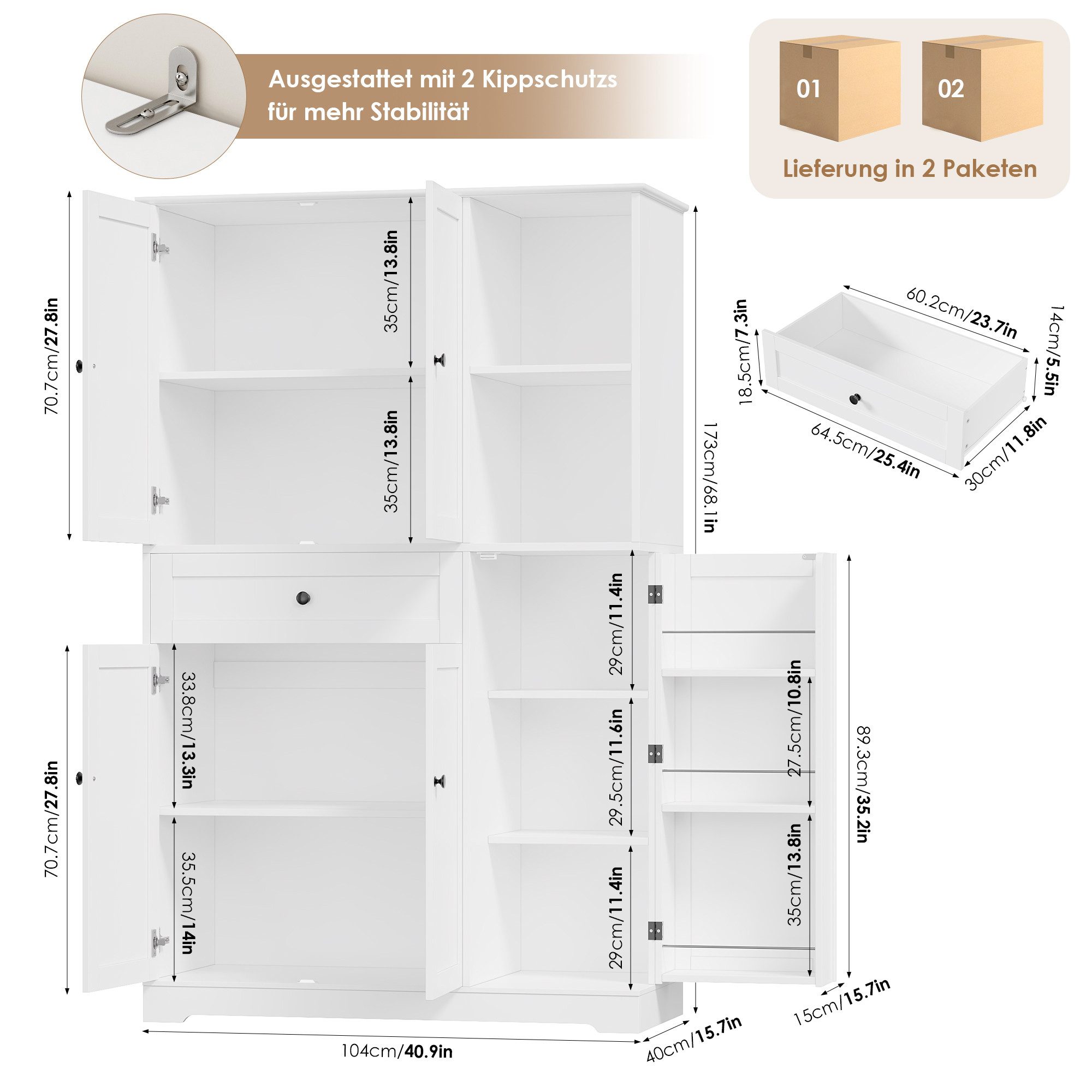 Homfa Mehrzweckschrank Küchenschrank mit Gewürzregal Buffetschrank Vorratsschrank mit 5 Türen und 1 Schublade 173x104x40cm