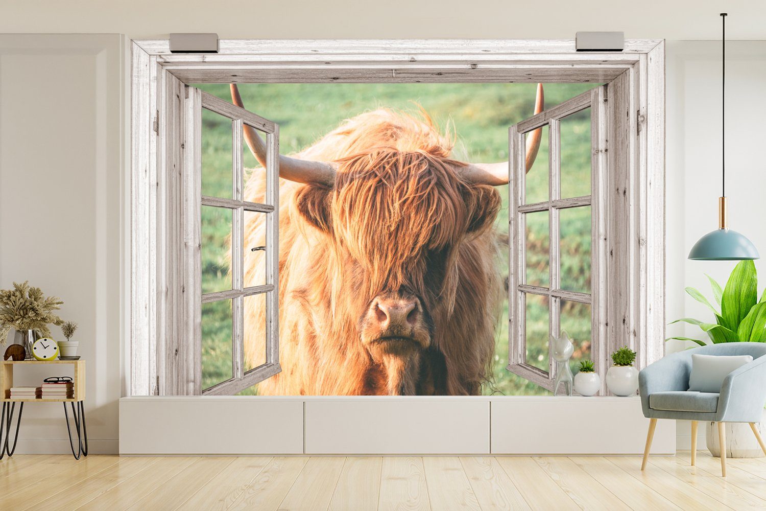 MuchoWow Fototapete Schottischer Highlander St), Wohnzimmer, Wallpaper Vinyl Fenster bedruckt, - für Ansicht (6 Kinderzimmer, - Tier, Tapete Schlafzimmer, - Matt