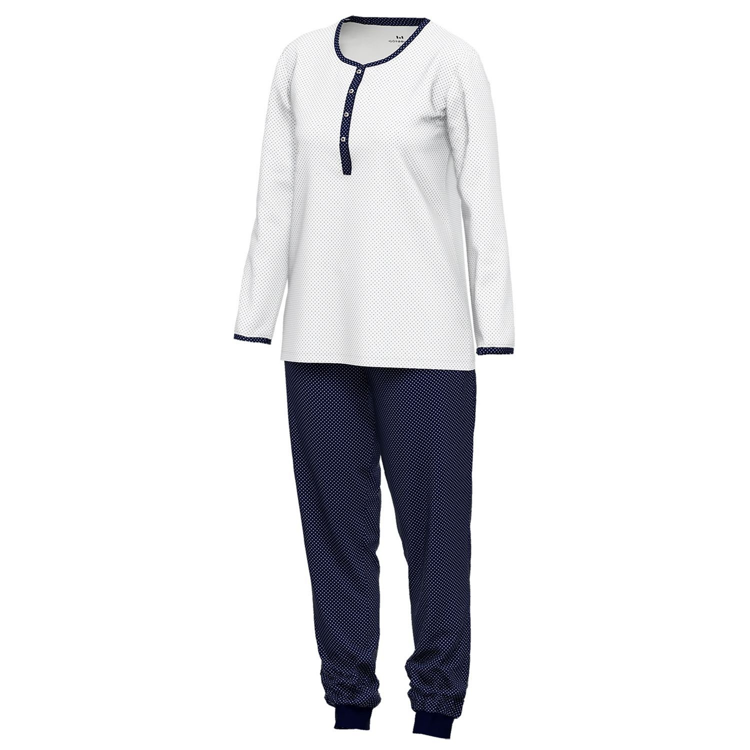 Schlafanzug mit gepunktet Knöpfe, weich, Baumolle GÖTZBURG Henley-Auschnitt, navy weiß / langarm, bequem, reine