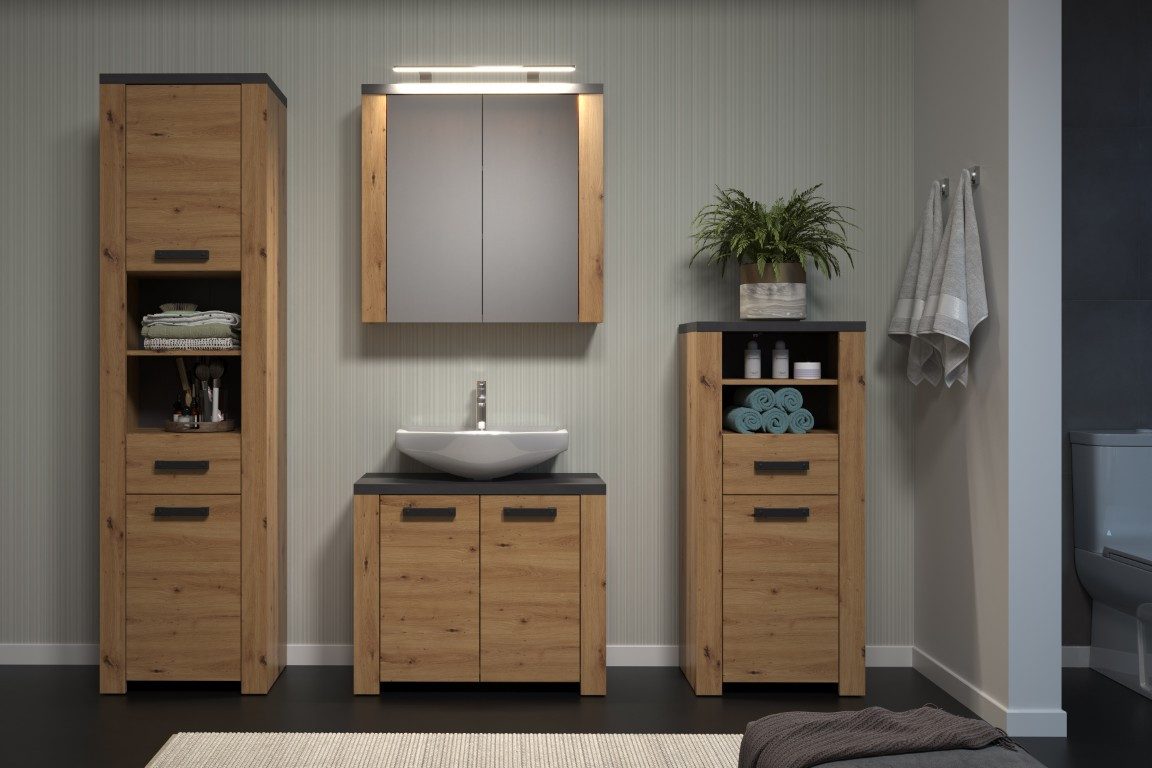 trendteam Badmöbel-Set 4-teilig, Artisan Eiche/Matera Grau, Badkombination, (4-St), Badmöbel, Badkombination, Badezimmer Set, 4-teilig