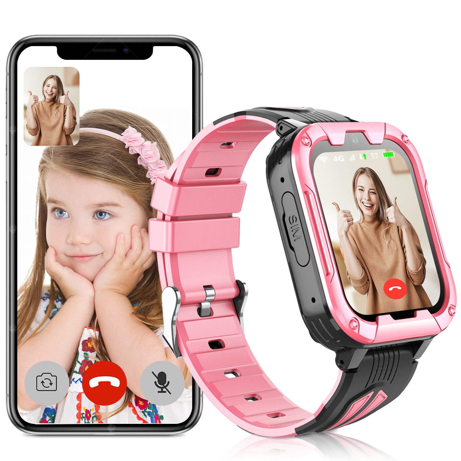 PTHTECHUS 4G Smartwatch Kinder Mit Telefon, Kinder Uhr Mit WiFi, SOS, HD Videoanruf, Anrufe, Schulmodus, Wecker, Kinderuhr Telefonieren Für Mädchen