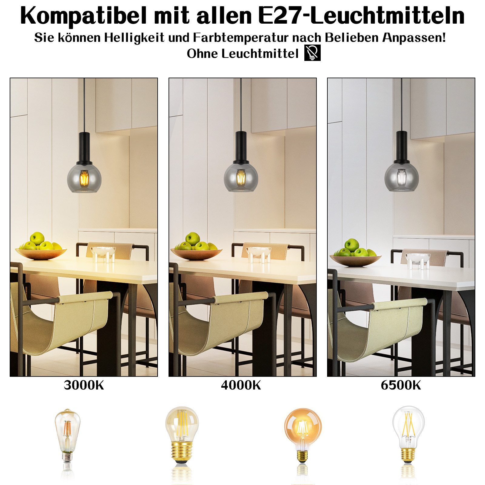 Nettlife Pendelleuchte Vintage Esstisch Glas Schwarz Industrial E27 Wohnzimmer, Höhenverstellbar, LED wechselbar, Esstischlampe für Wohnzimmer Küche