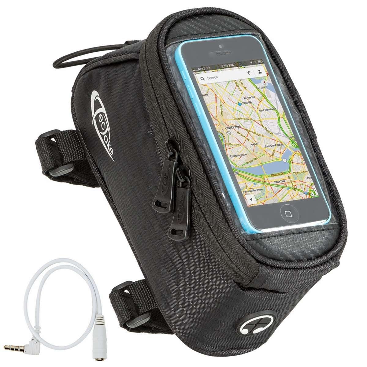 tectake Fahrradtasche Fahrradhandytasche, Zusätzliche Spannseil-Sicherung, (Gepäckträgertasche, in schwarz), Wasserabweisend, Handyfach mit Sichtfenster, Audio-Verlängerungskabel