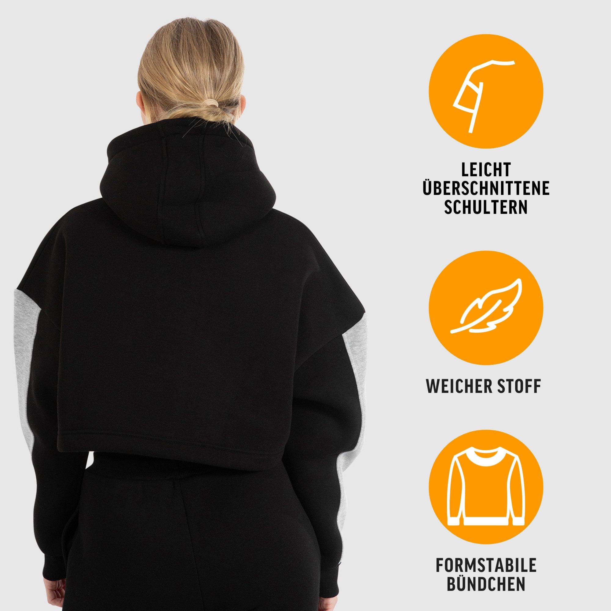 Smilodox Hoodie Amaya, Oversize Fit Crop Pullover Langarm, weicher Baumwollstoff Relaxed Cropped Kapuzenpullover Metallabel Bauchfrei Alltag Sport