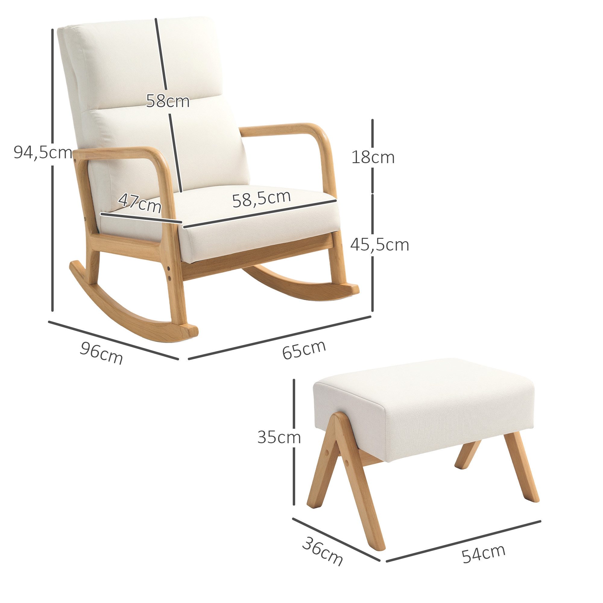 HOMCOM Schaukelsessel Schaukelstuhl mit Hocker und Leinenoptik, Polstersessel (Relaxsessel, 2-St., Schwingsessel), für Schlafzimmer, Wohnzimmer, bis 150 kg bela – Bild 3 von 5