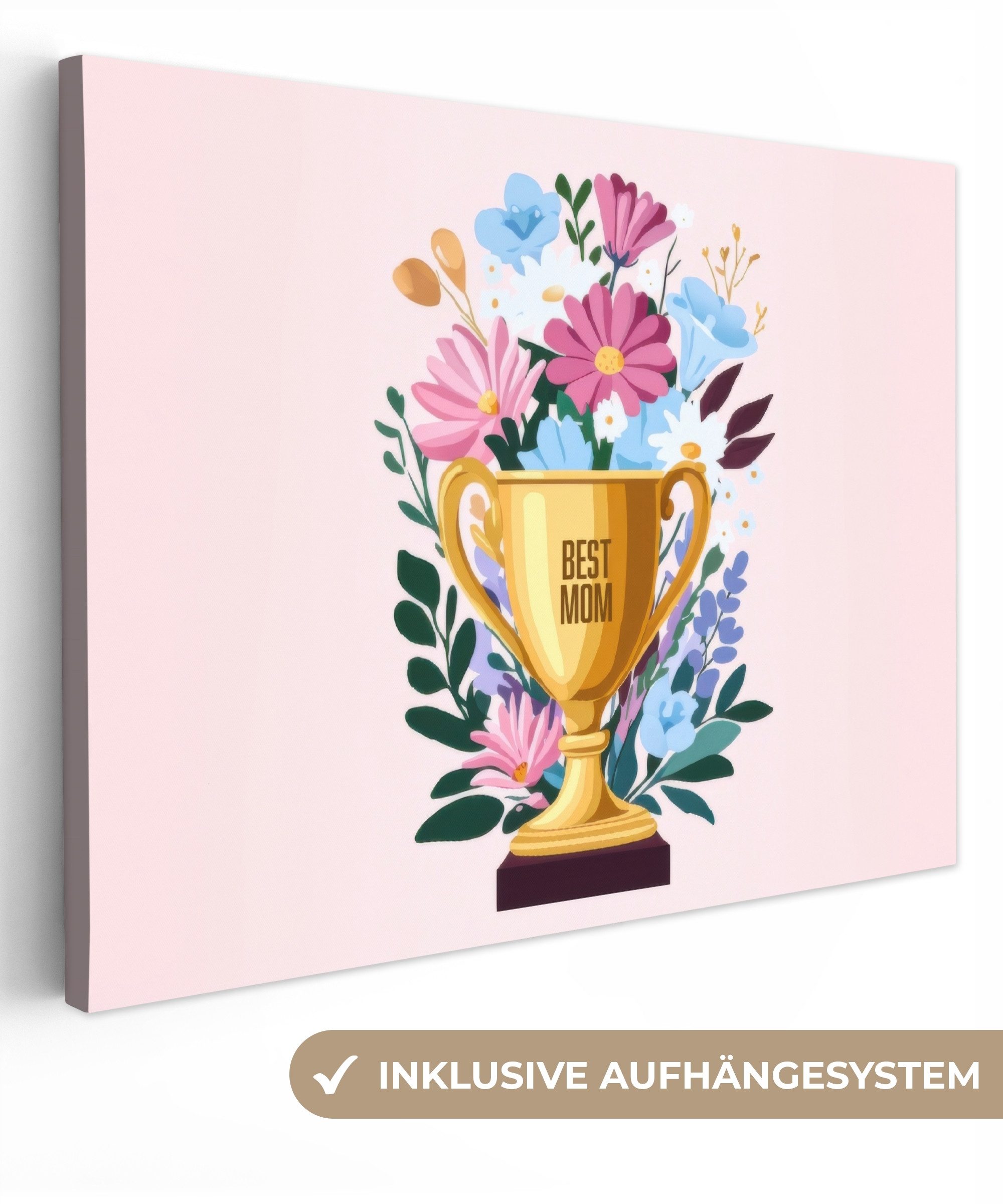 OneMillionCanvasses® Leinwandbild Trophäe - Beste Mutter - Blumen - Bunt, Fotodruck (1 St), Wandbild Leinwandbilder, Aufhängefertig, Wanddeko 40x30 cm