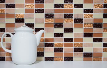 Mosani Mosaikfliesen 10 Stk. selbst­kle­bende Naturstein Glas Fliesen, Beige Braun Gold, 10-teilig = 09,m², Set, Spritzwasserbereich geeignet, Küchenrückwand Spritzschutz