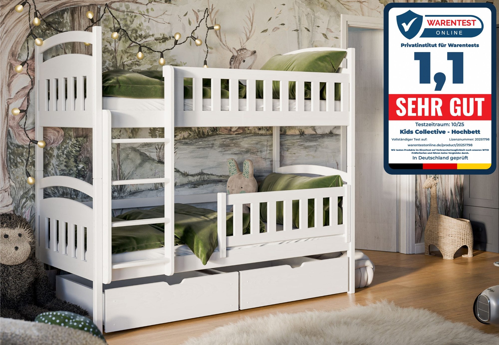 Kids Collective Etagenbett Hochbett Kinderbett 80x180 90x200 umbaubar in zwei Einzelbetten, 200x90 mit zwei Schubladen,Lattenrost,Rausfallschutz Vollholz weiß