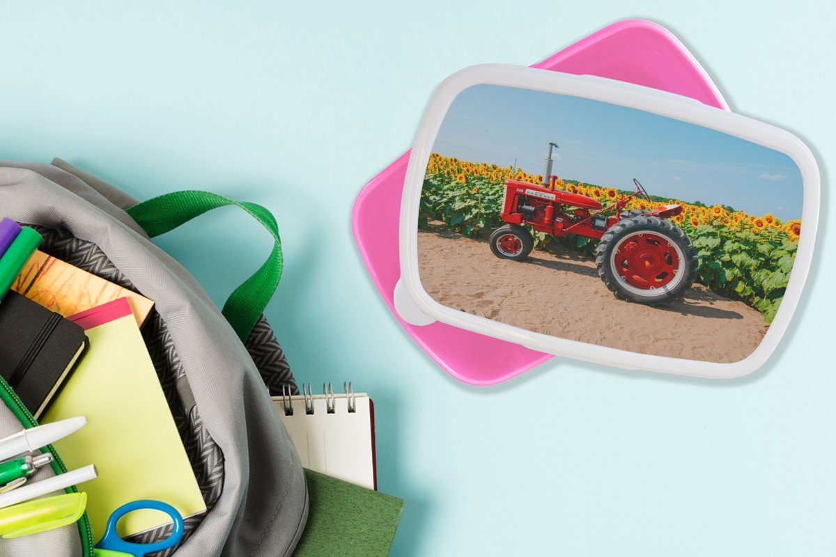 MuchoWow Lunchbox Traktor Blumen, Kinder, Snackbox, Kunststoff, für (2-tlg), Kunststoff Brotdose Rot Brotbox Bauernhof Erwachsene, Mädchen, - - rosa - Sonnenblume 