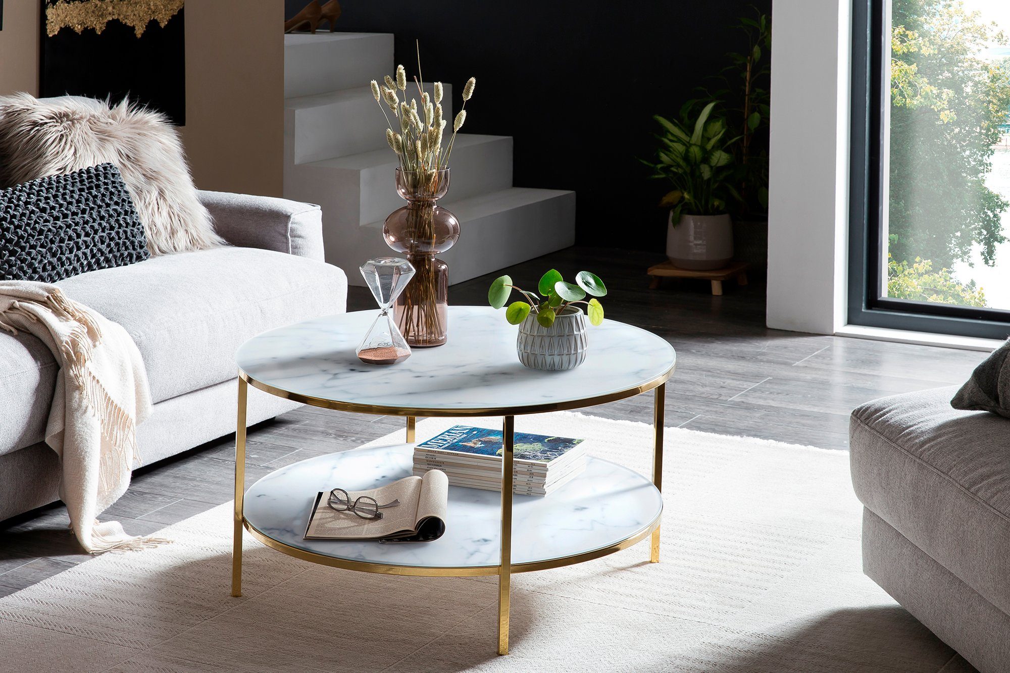 SalesFever Couchtisch, Tischplatten in Marmoroptik Weiß/Gold | Gold | Couchtische