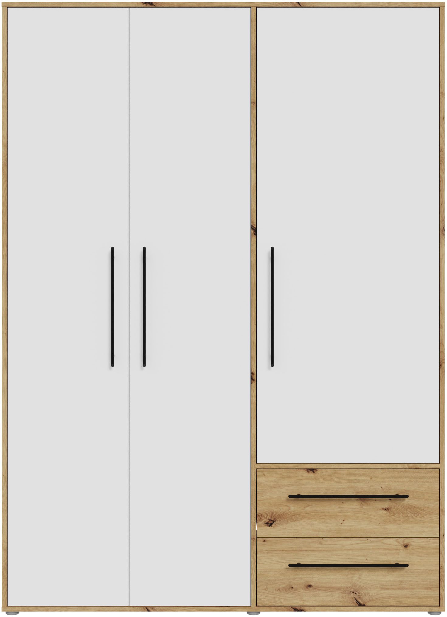 FORTE Kleiderschrank Mokkaris, Garderobe, zeitloses Design, 3 Türen, Made in Europe (B/H/T ca. 144x200x59cm) Zwei Schubladen, schwarze Stangengriffe, Stauraum, auch in Schwarz