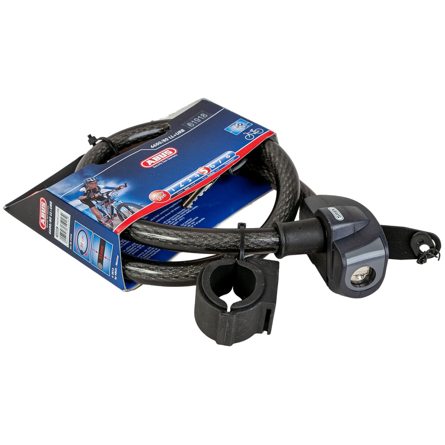 ABUS Kabelschloss Kabelschloss 80cm 6600/80 Schlüssel Halterung, Fahrradschloss Stahlkabel 13mm Schloss Zylinderschloss Fahrrad eBike