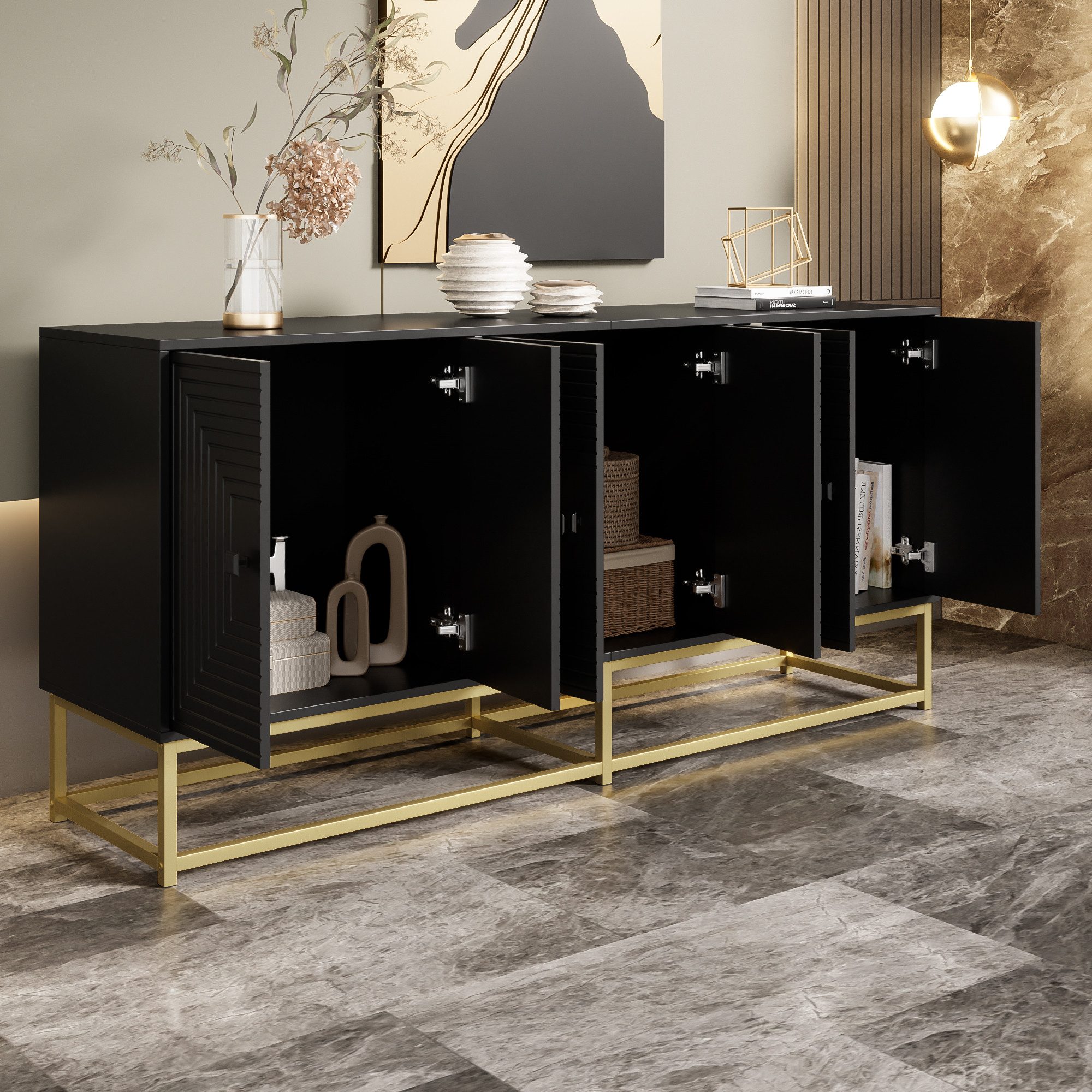 Lowboard Sideboard 160x75,5x38 cm in Schwarz matt mit 3 Doppeltüren