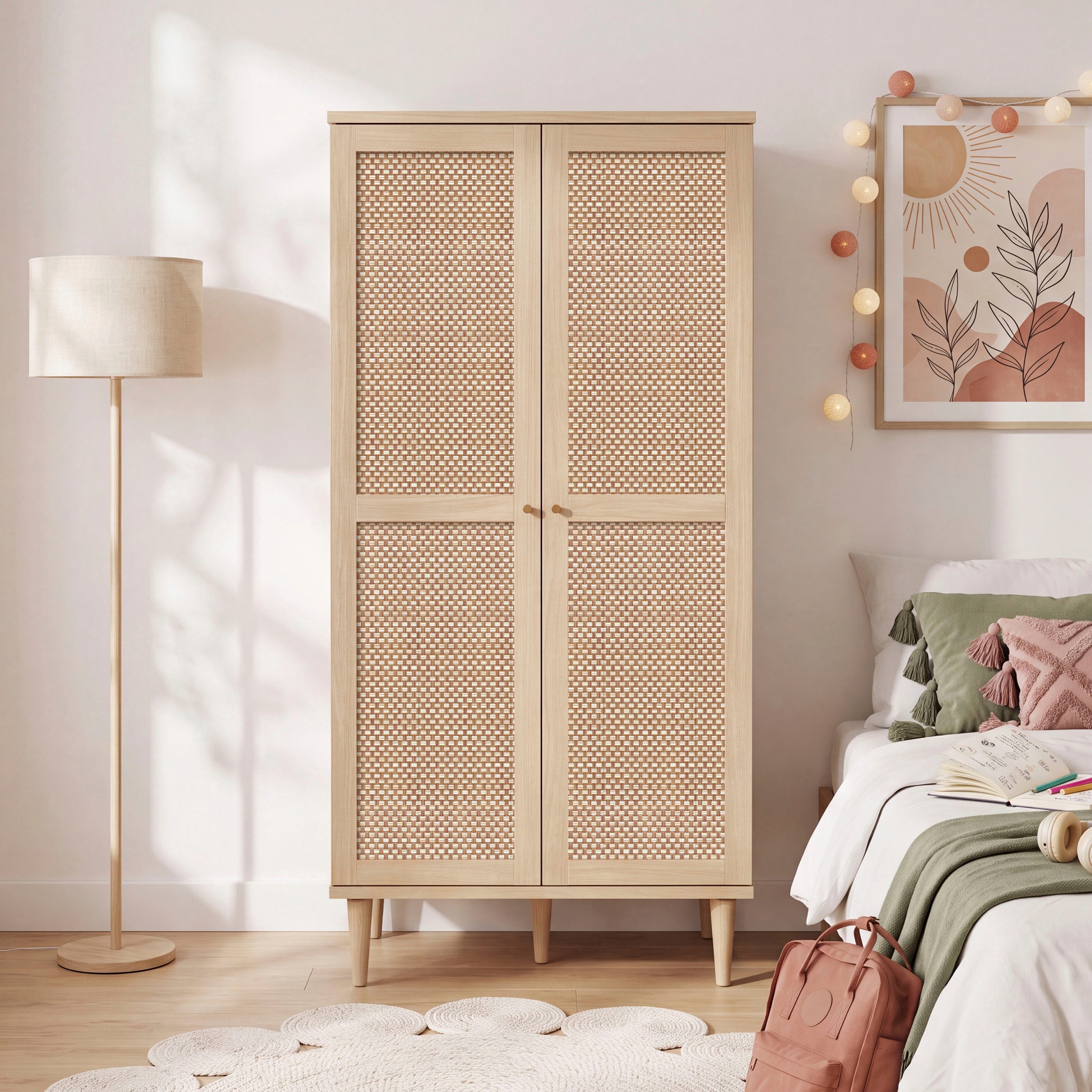 OTTO home Kleiderschrank ELLIAN mit natürlicher Geflechtoptik und warmem Holzdekor (B/H/T ca. 80/166/41 cm) Holzfüße, Metallgriffe, Made in EU, viel Stauraum, FSC® zertifiziert