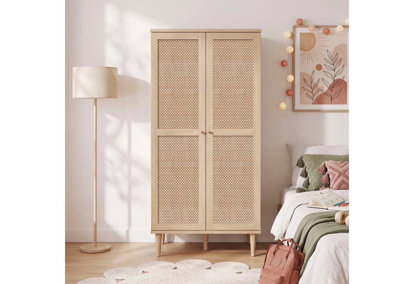 OTTO home Kleiderschrank ELLIAN, Kinderzimmerschrank, Rattan, Wiener Geflecht, 80cm breit (B/H/T ca. 80/166/41 cm) Boho-Stil, Holzfüße, …
