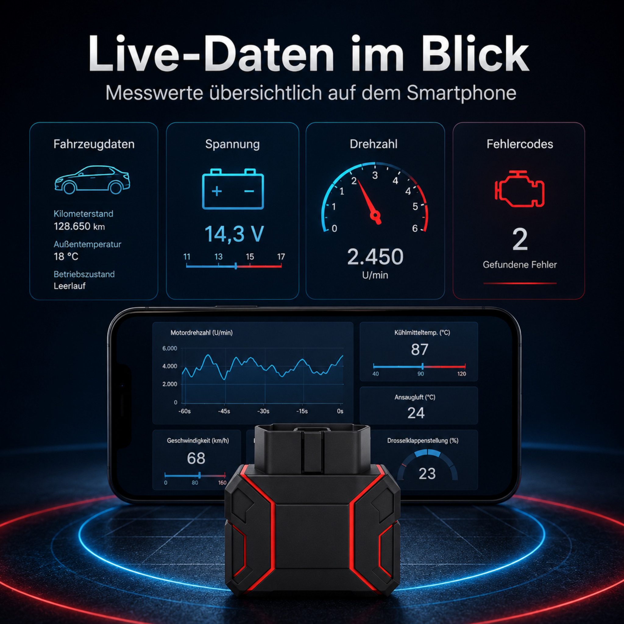 KONNWEI Kfz-Diagnosegerät OBD2 Diagnosegerät Auto Scanner Fehlerauslesegerät mit App, Komplett-Set, Komplett-Set, Kabellose App-Diagnose mit Live-Daten und Systemscan