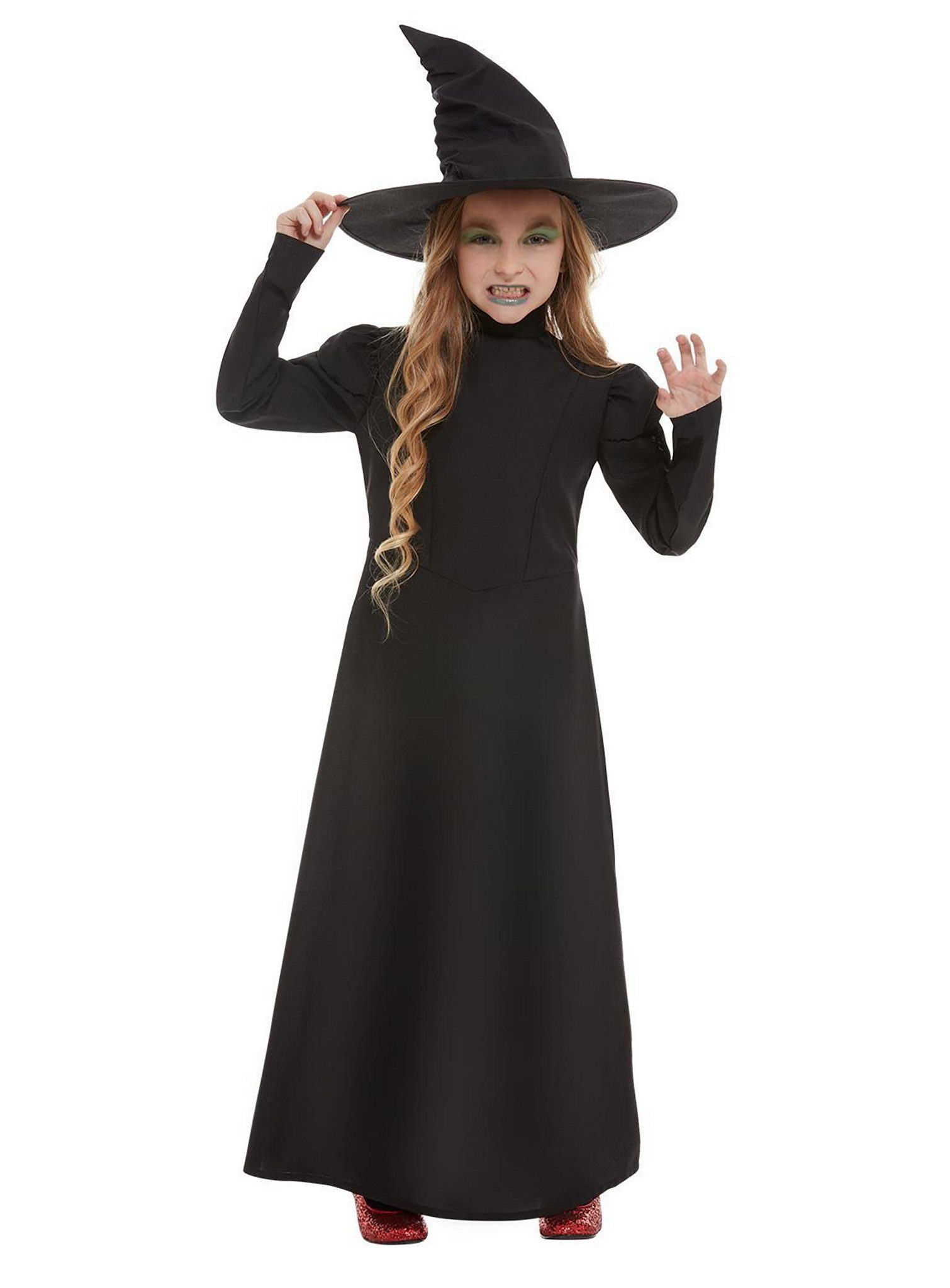 Smiffys Hexen-Kostüm Wicked Witch - Hexen Halloween Kostüm Kinder, Klassisches schwarzes Hexenkostüm für Kinder