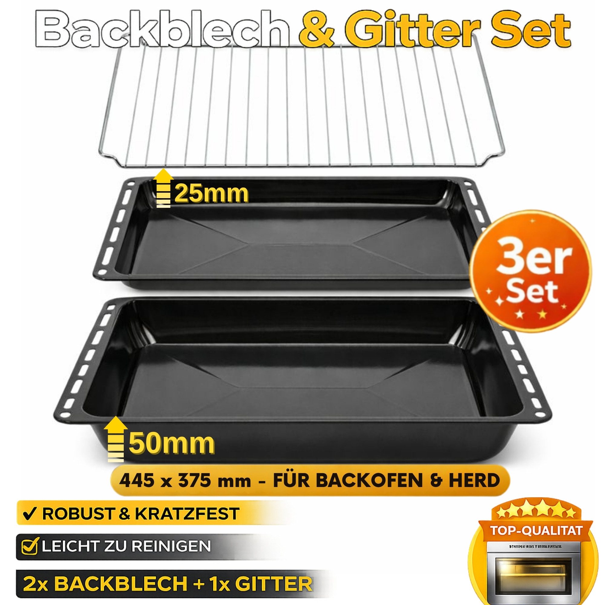 ICQN Backblech Fettpfanne 445 x 375 mm 25 und 50 mm, Emaille, (Set, 3-St., Backbleche und Verchromt Backofenrost), Kratzfest & Rostfrei, 44,5 x 37,5 cm