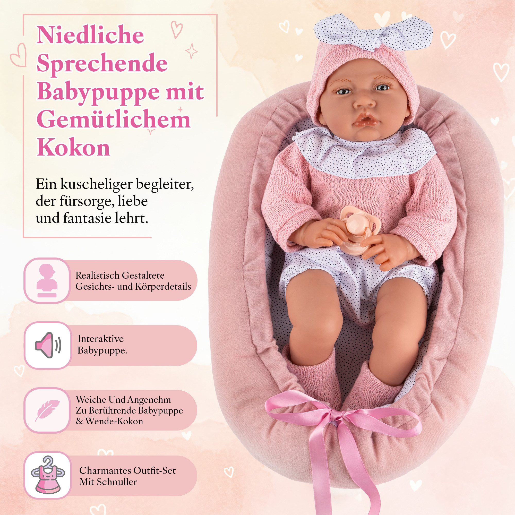 Kinderplay Dolls & Strollers Babypuppe Interaktive Babypuppe Lili 41 cm – mit Kokon – sprechend (Set)
