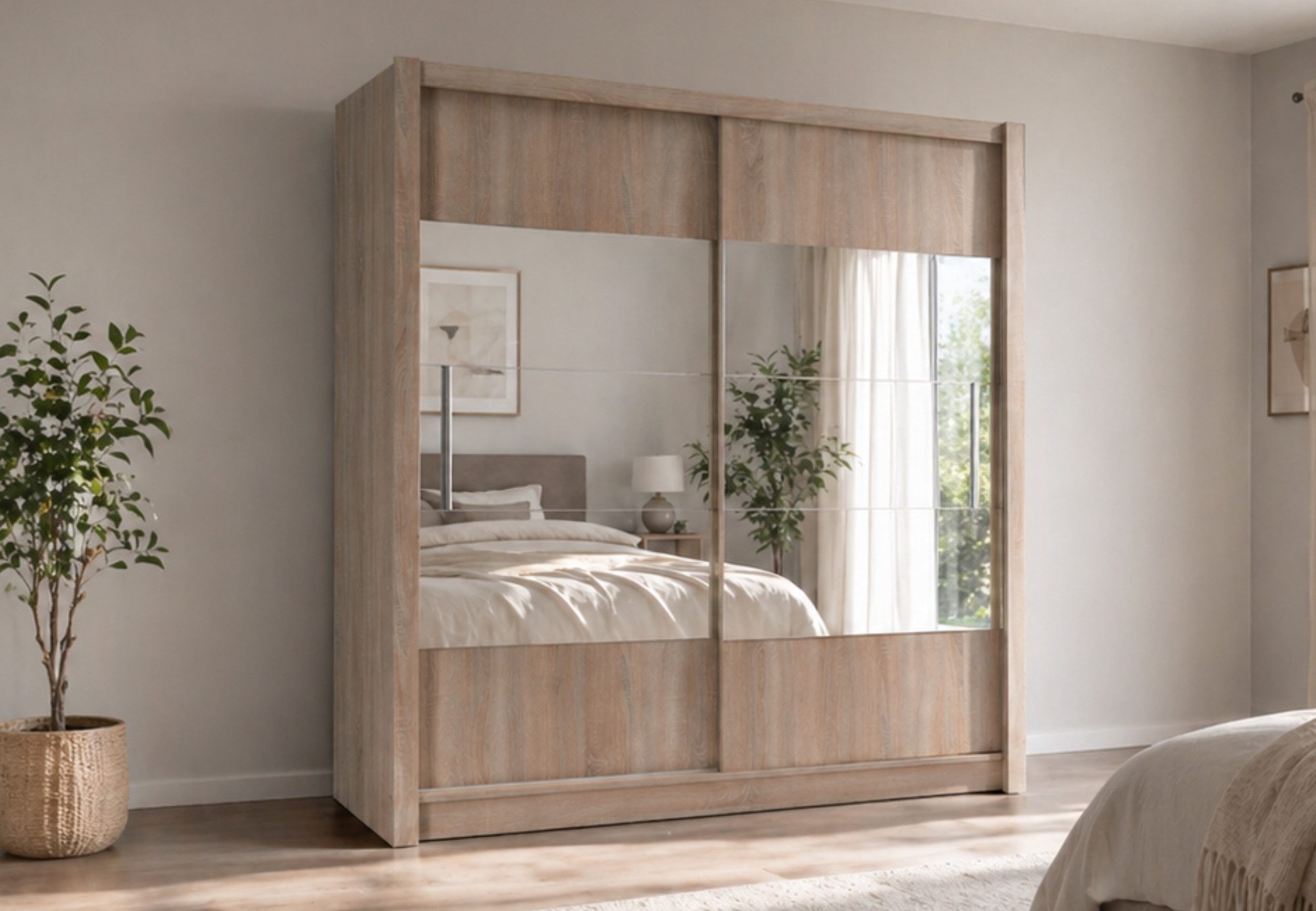 Home Collective Schwebetürenschrank Kleiderschrank Schlafzimmerschrank Schrank Garderobe mit Spiegel (Maße B/H/T: 184x200x61,5cm) 4 Böden & Kleiderstange für viel Stauraum, Sonoma
