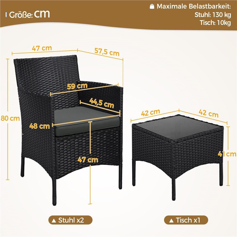 Yaheetech Balkonset Gartenmöbel-Set 3-Teilig in Rattanoptik für 2 Personen, Gartengarnitur inkl. 2 Stühle mit Kissen & Tisch mit Hartglasplatte – Bild 4 von 5