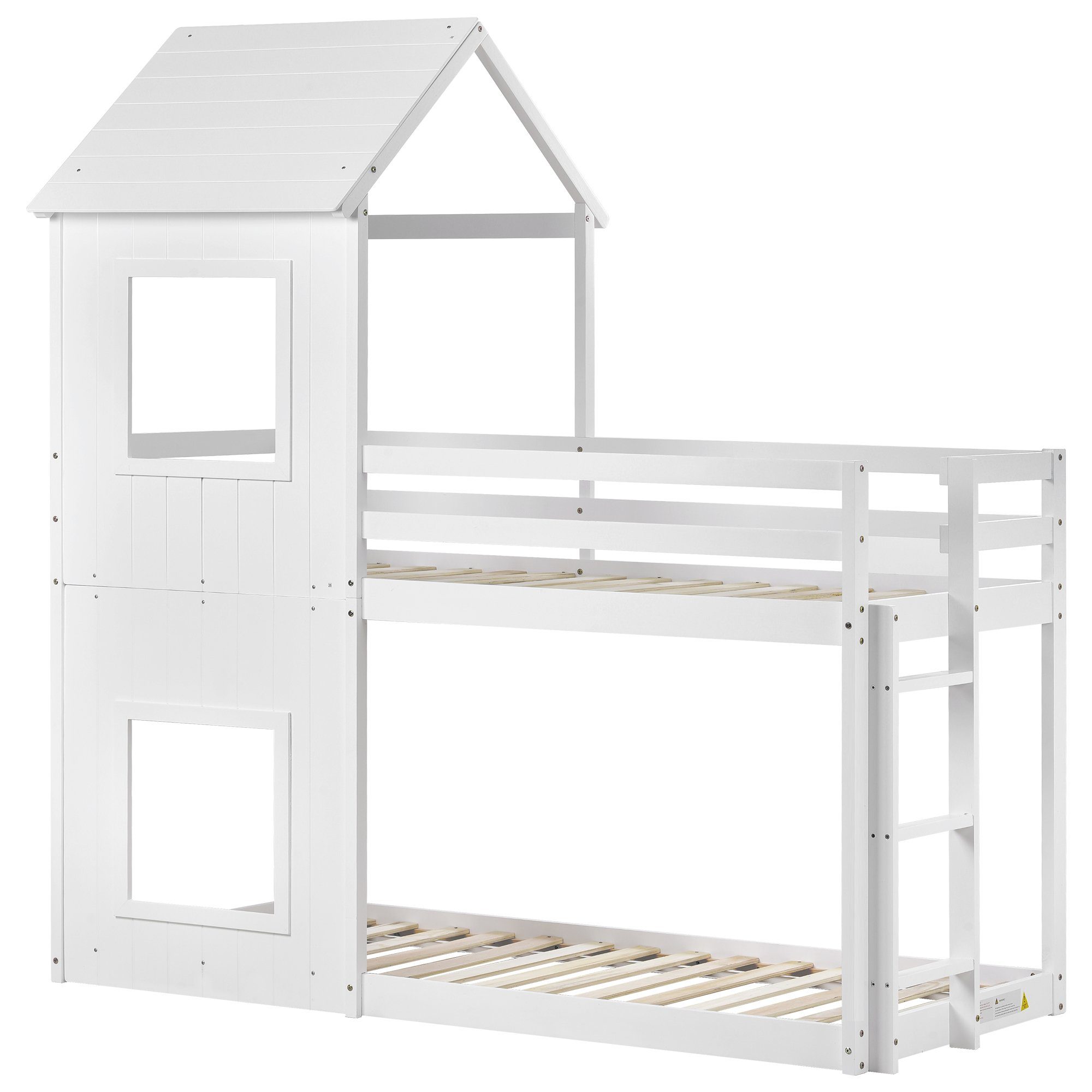 Etagenbett, Hochbett mit 2 Schlafgelegenheiten, Hausbett Kinderbett mit Treppe und Lattenrost, 200x90cm, Kiefer