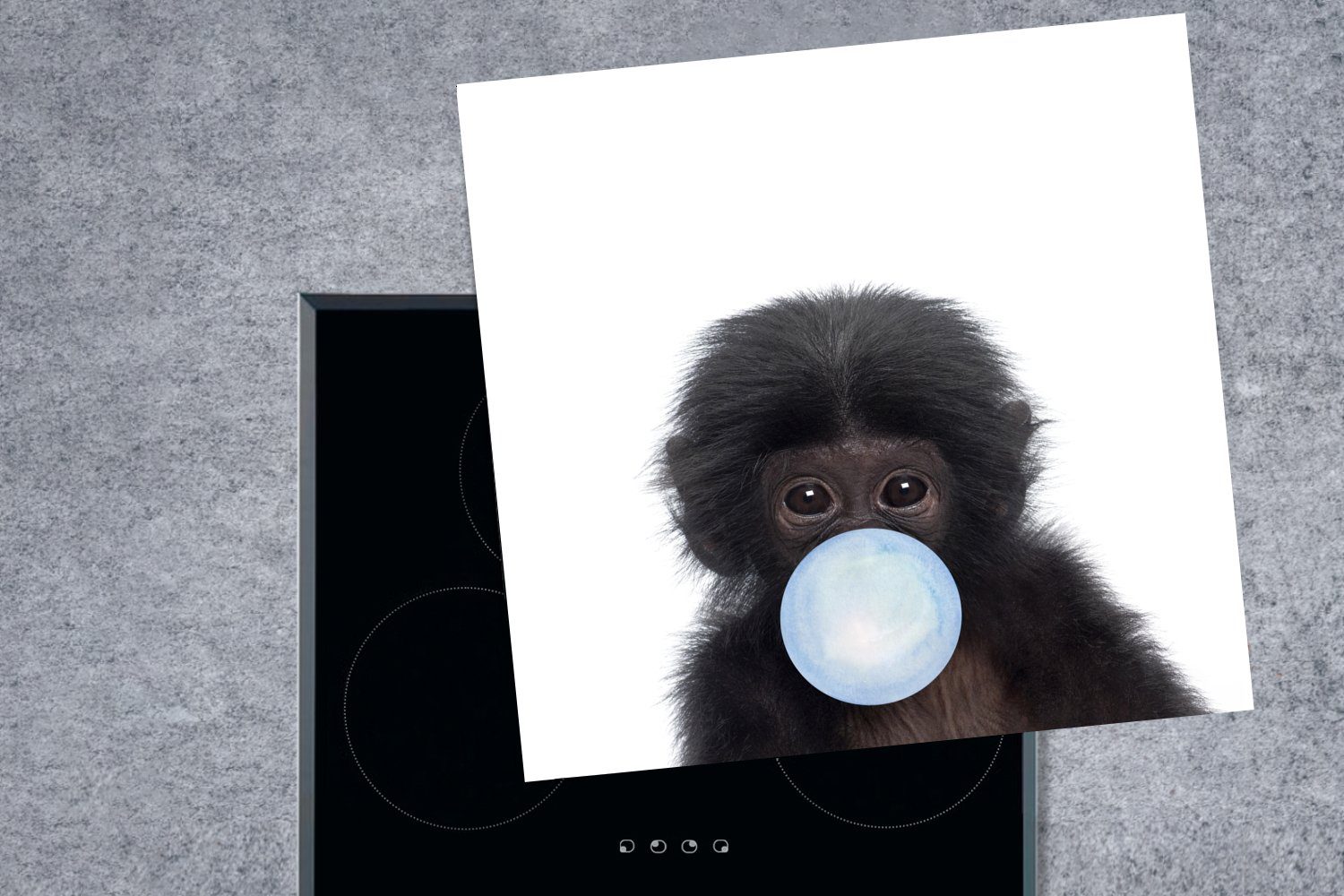 Affe - - Kind, Junge Schimpanse Blau Ceranfeldabdeckung, MuchoWow küche Tiere - für Vinyl, - - Arbeitsplatte 78x78 - cm, Kaugummi tlg), (1 Herdblende-/Abdeckplatte
