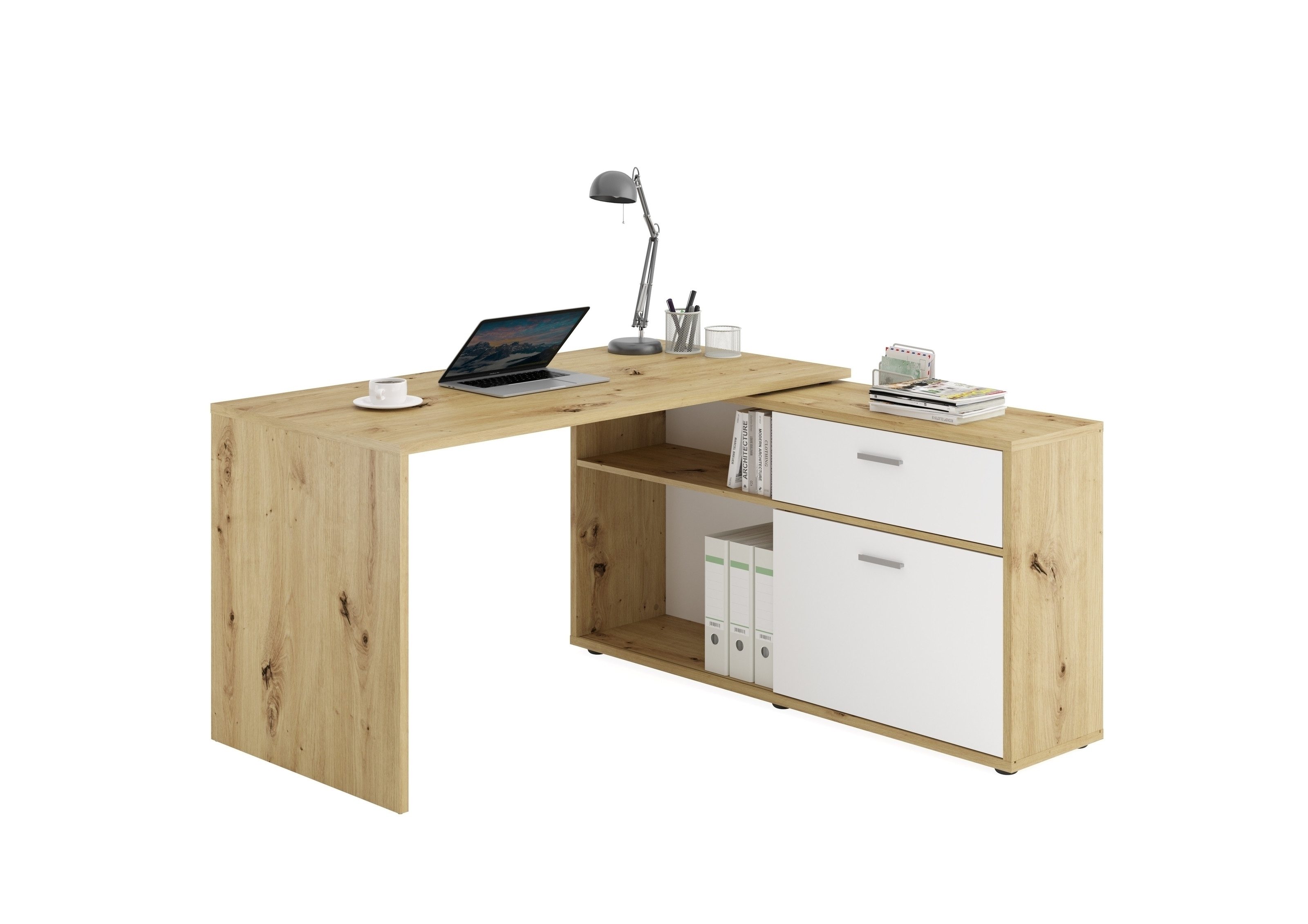 PREISBRECHER Schreibtisch DIEGO, in Artisan Eiche Dekor-Brillantweiß - 138x75x138cm (BxHxT)