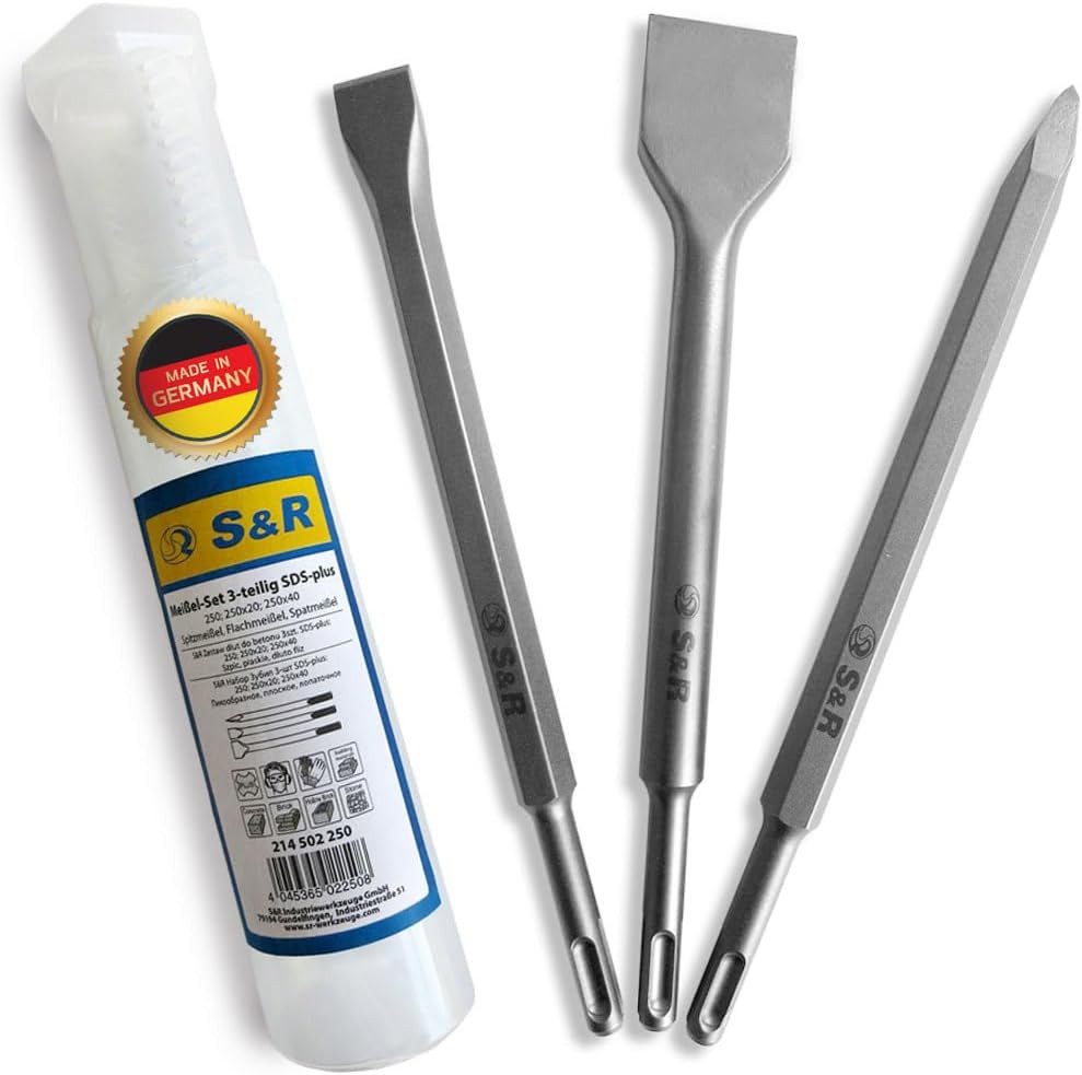 S&R Meißel-Set SDS-plus in Industrie-Qualität, Made in Germany, 260 in mm, für SDS-Plus, (Set, 3-tlg., Spatmeißel, Flachmeißel, Spitzmeißel) besonders hohe Standzeit, optimierte Meißel- und Klingengeometrie