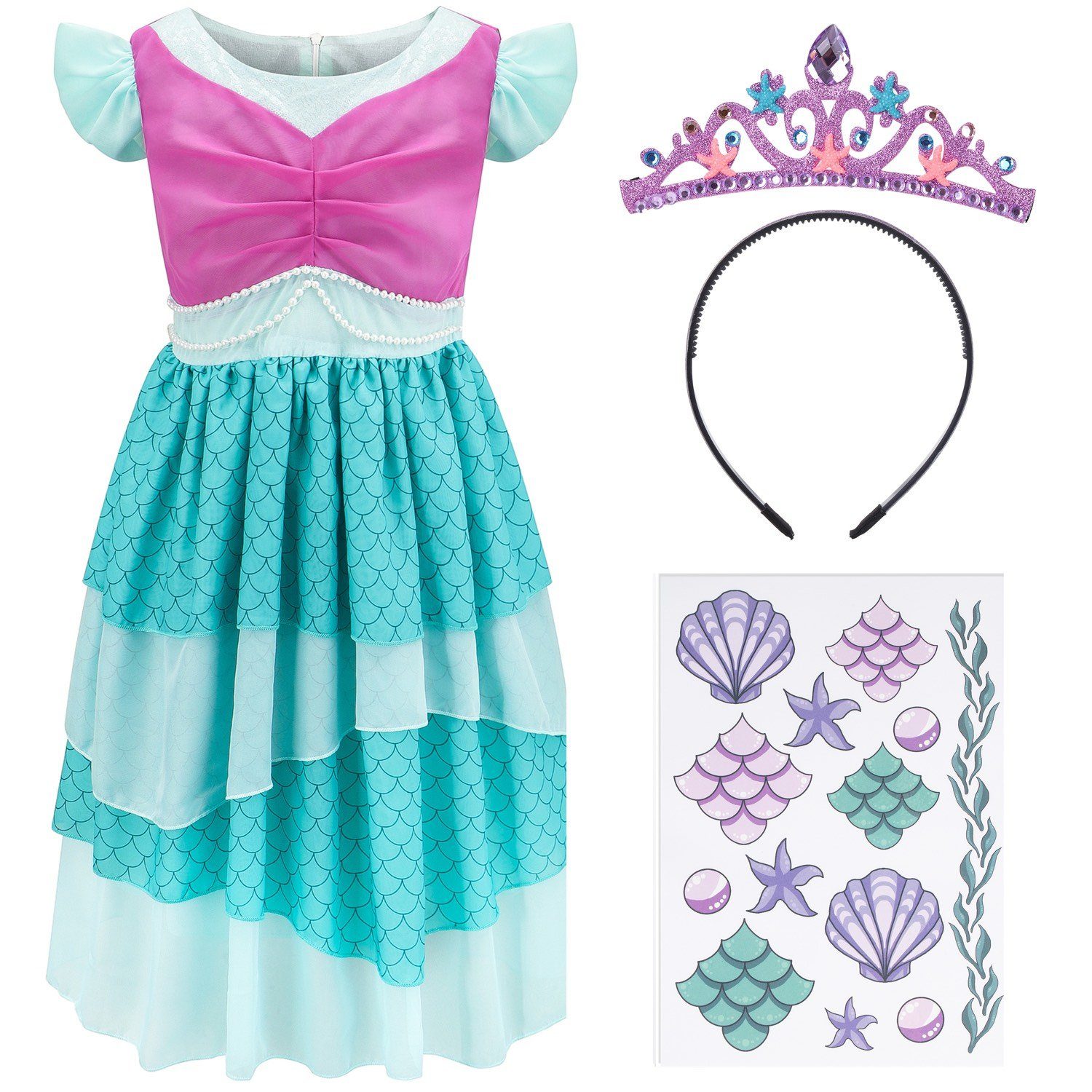 Corimori Prinzessin-Kostüm Meerjungfrau Kleid für Kinder mit Tattoos & Diadem, Meerjungfrauen - Kostüm Kleid für Karneval, türkis, Größe 110/116