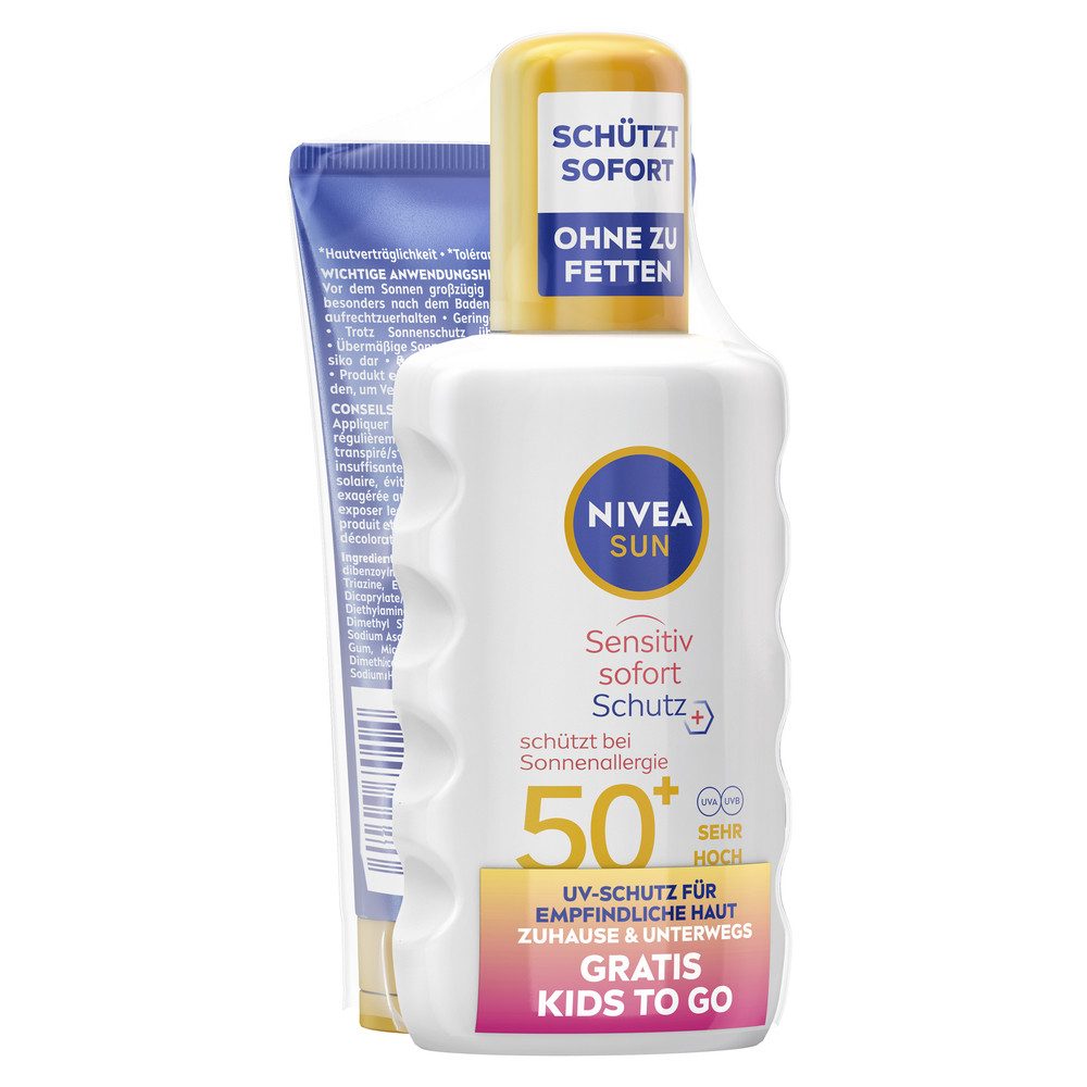 Nivea Sun Sonnenschutzspray Sensitiv Spray LSF50+ mit Kids To Go Größe Gratis, 2-tlg., Sensitiv Spray LSF50+ mit Kids To Go Größe Gratis, Spray-Textur, feuchtigkeitsspendende Formel, klebefrei, wasserfest