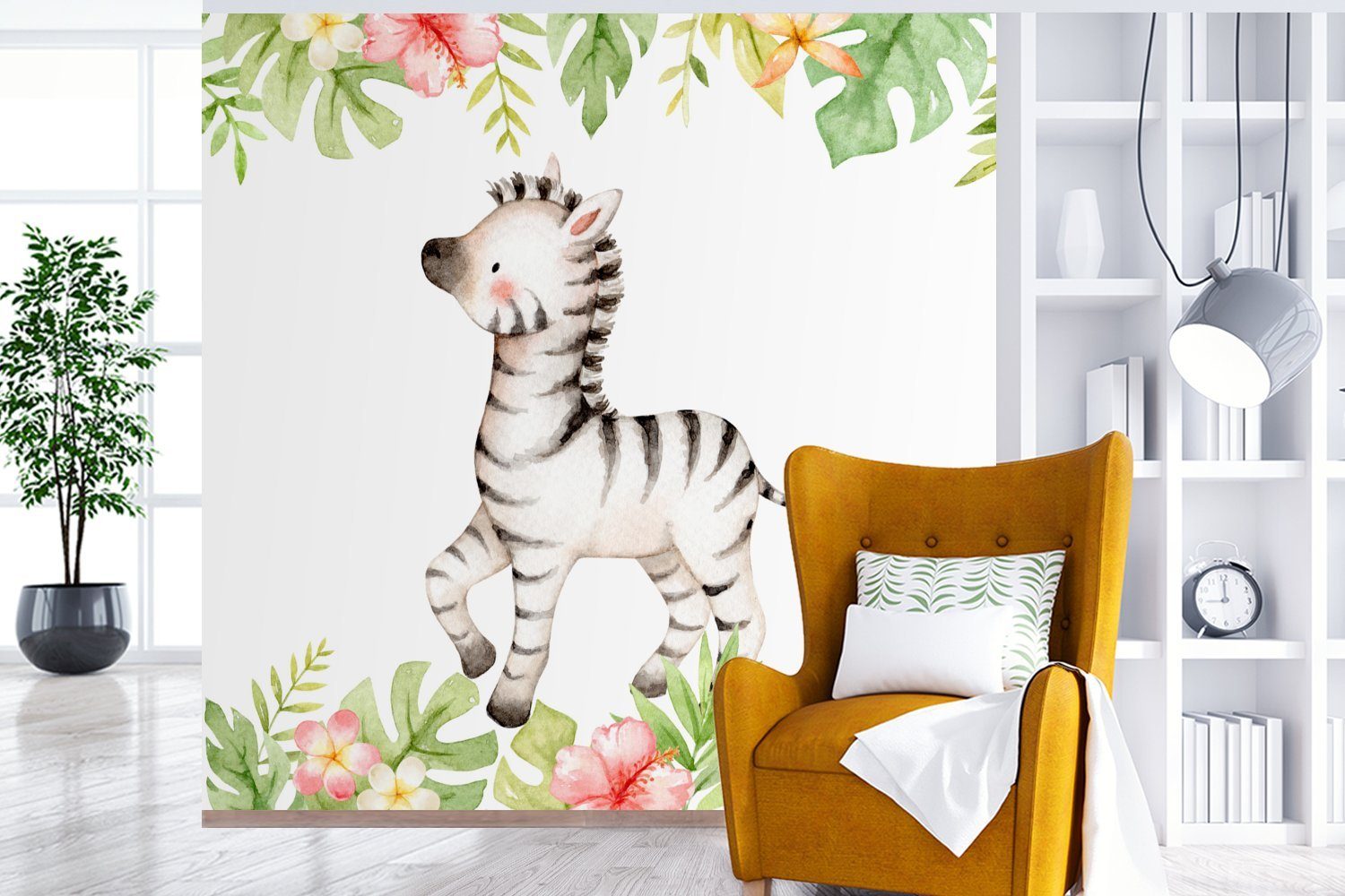 oder für bedruckt, MuchoWow - St), (5 Matt, Fototapete Wohnzimmer Schlafzimmer, Aquarellfarbe Zebra Tapete Vinyl Dschungel, - Wandtapete