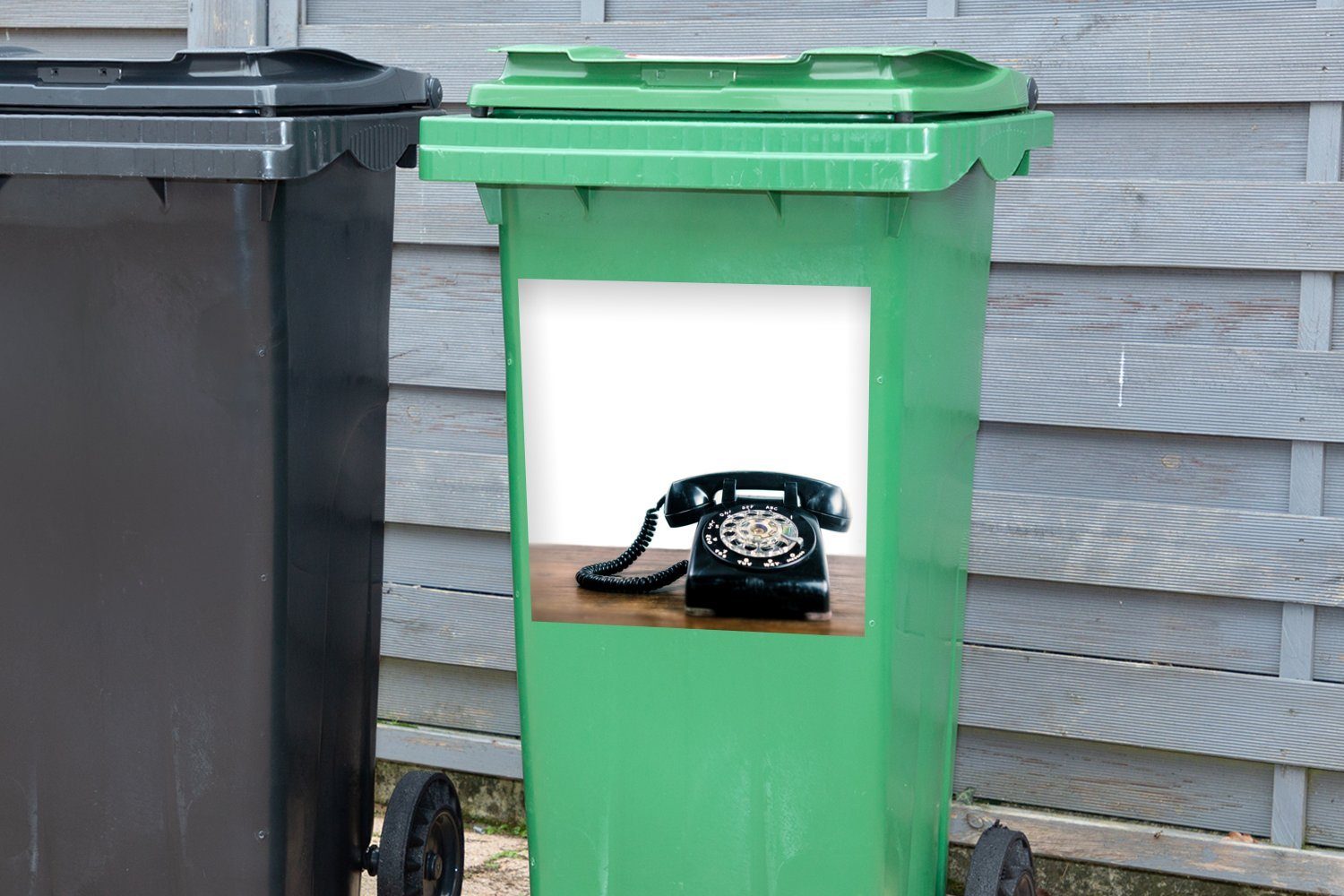 MuchoWow einem Mülleimer-aufkleber, Sticker, Wandsticker Container, Retro-Telefons (1 schwarzen auf Illustration eines St), Holztisch Abfalbehälter Mülltonne,
