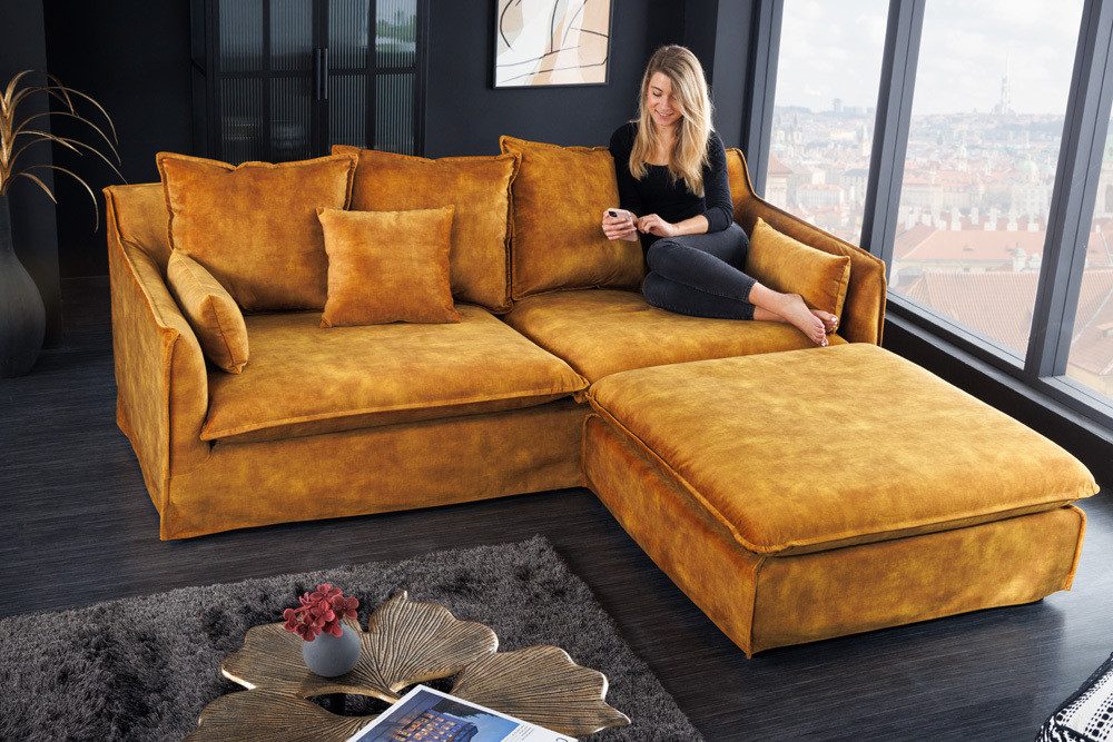 riess-ambiente Sitzhocker HEAVEN 100cm senfgelb · Hussensofa inkl. Kissen und abnehmbaren Bezug (1 St), Wohnzimmer-Hocker · Samt-Bezug · Federkern-Polsterung · Landhausstil