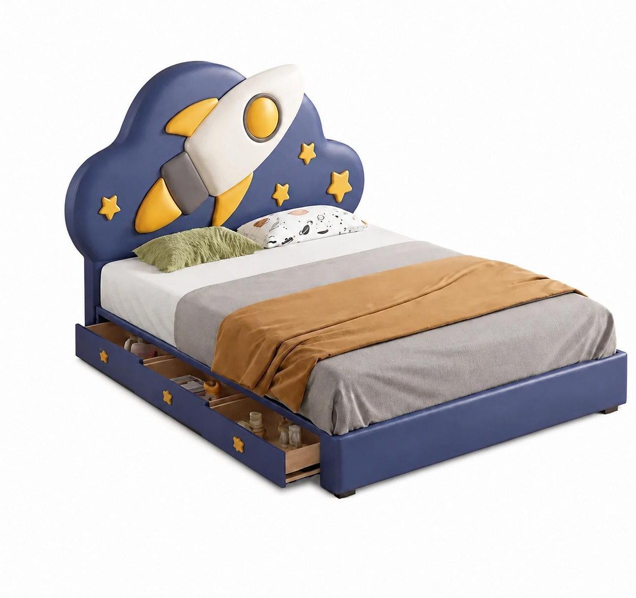Xlmoebel Kinderbett Blaues Leder-Kinderbett Rakete für Jungen im Weltraum-Design, Made in Europa