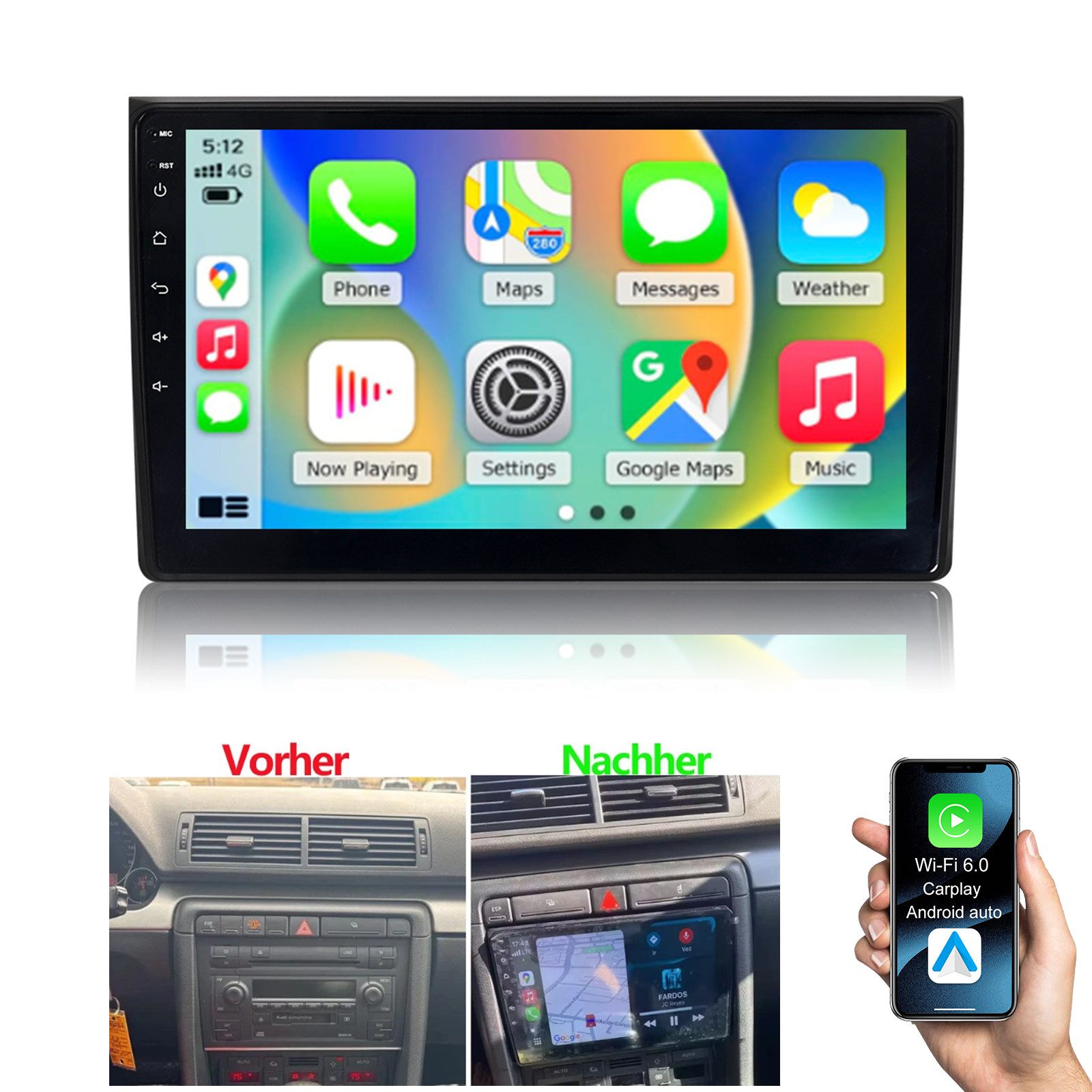 A-Sure Autoradio Android 15 Carplay Für Audi A4 S4 RS4 B6 B7 SEAT EXEO Autoradio (DSP, RDS, 4 Core, Digitalradio (DAB), 8 Core, 1280*720)