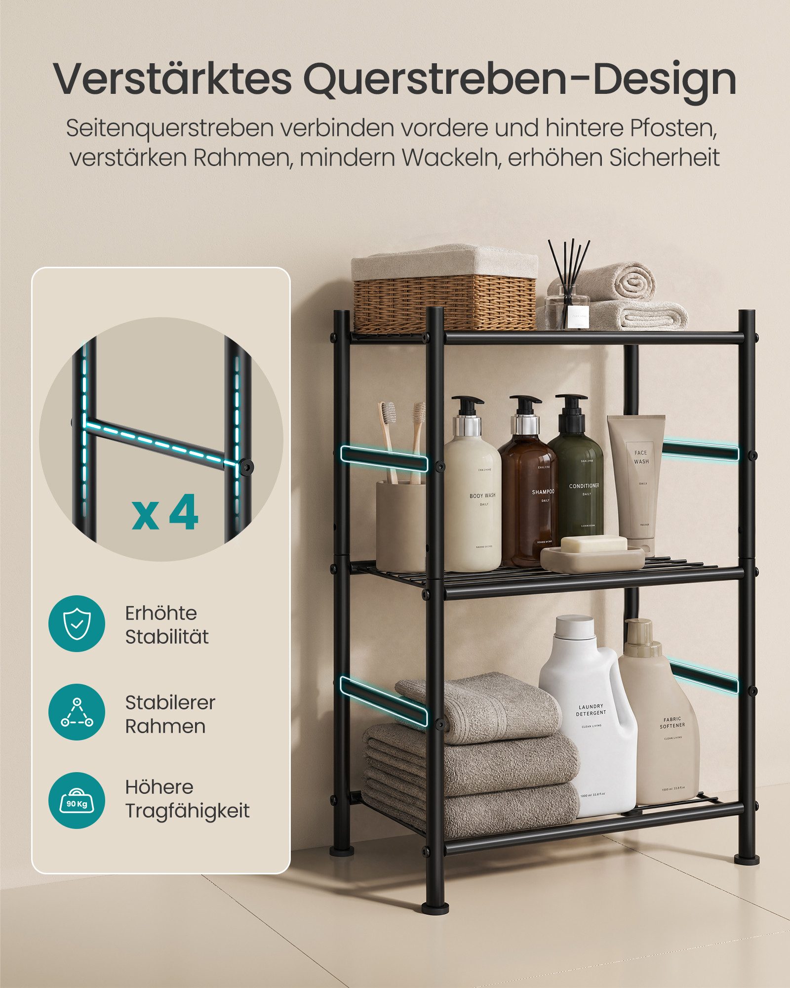 SONGMICS Standregal Metallregal mit 3 Ebenen, 40 x 30 x 77,5 cm, für Küche und Abstellraum, Robustes Haushaltsregal – Bild 4 von 5