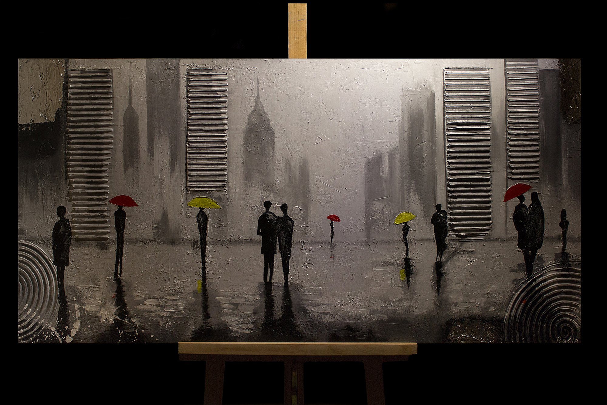 YS-Art Gemälde Angenehmes Treffen, mit Menschen, auf in Stadt Leinwand einer Regenschrim Handgemalt