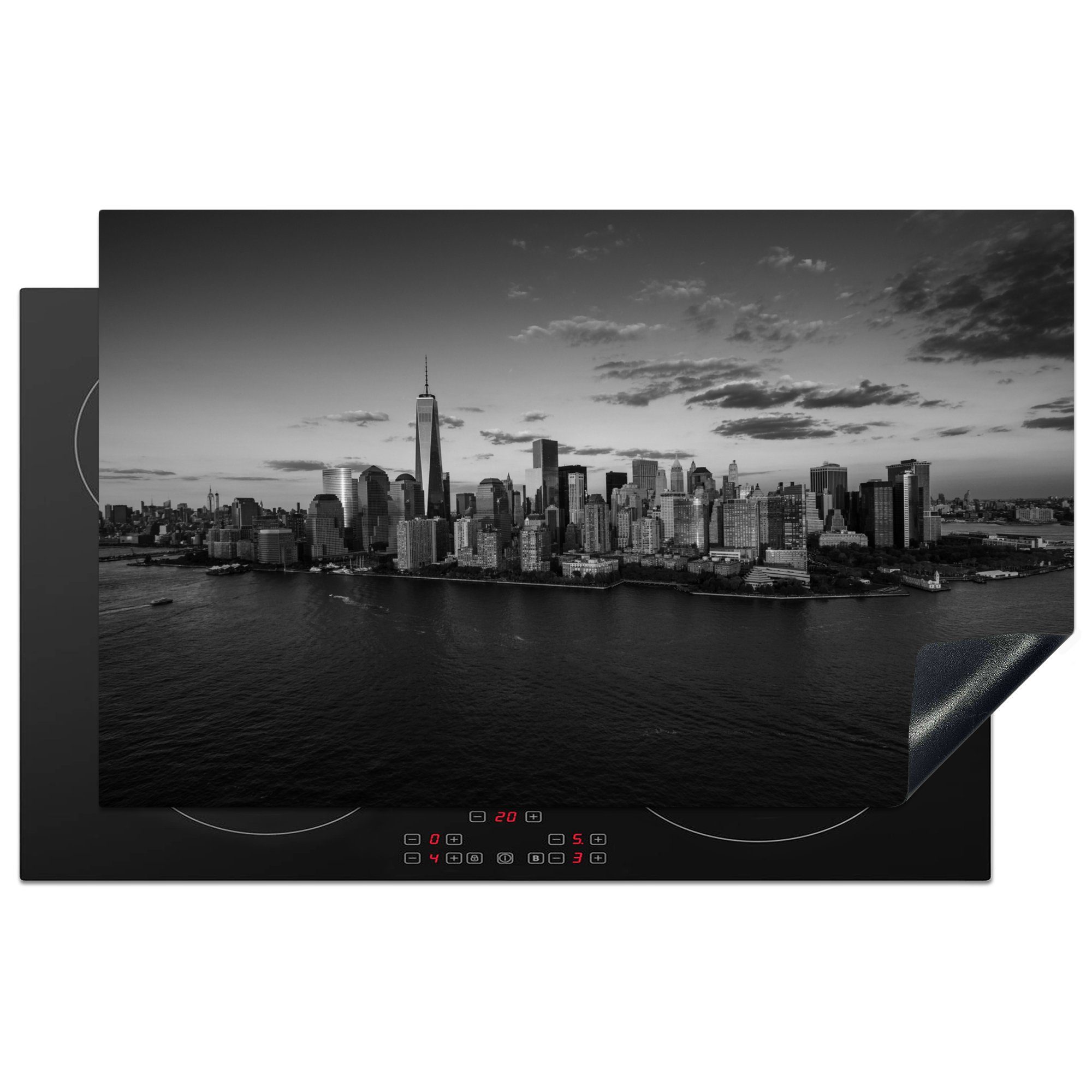 MuchoWow Herdblende-/Abdeckplatte Skyline New York Landschaft in schwarz und weiß, Vinyl, (1 tlg), 83x51 cm, Ceranfeldabdeckung, Arbeitsplatte für küche