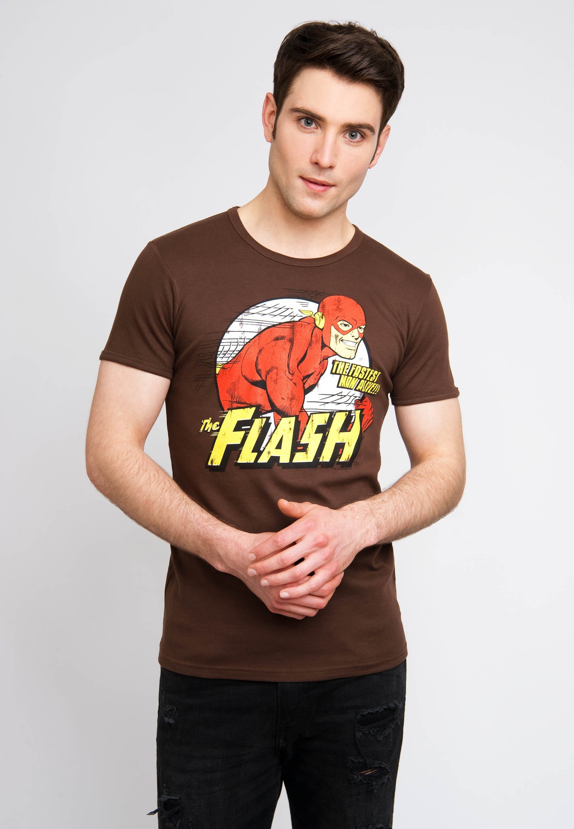 LOGOSHIRT T-Shirt mit coolem The Flash-Print braun