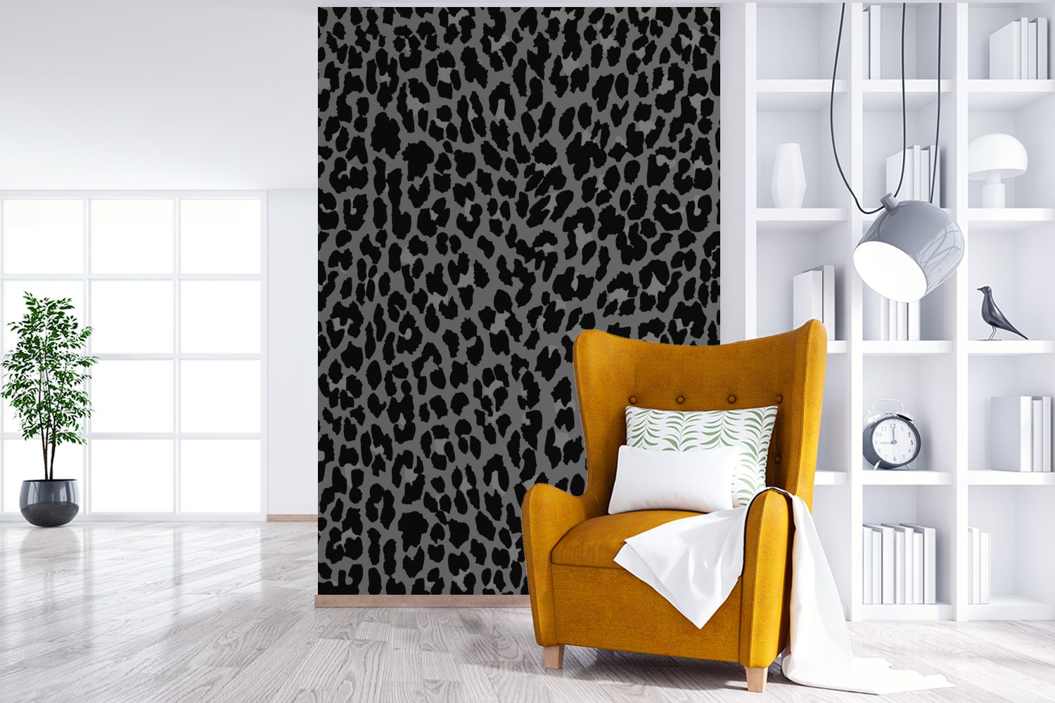 Leopardenmuster Tapete (3 Fototapete Wohnzimmer, bedruckt, St), Design - Matt, - Grau, Wandtapete MuchoWow Vinyl Montagefertig für