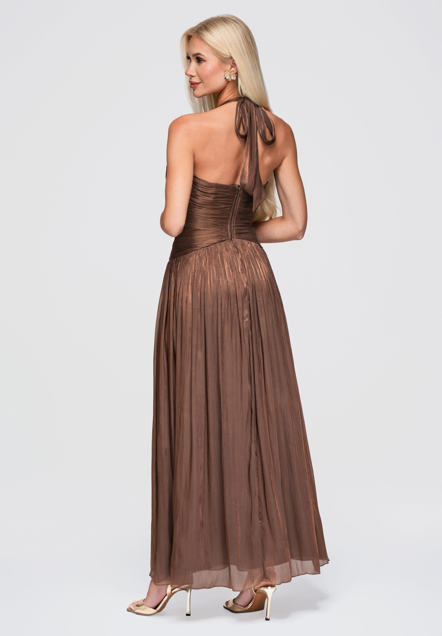 OMBRE Abendkleid Damen Abendkleid Maxikleid mit tiefem V-Ausschnitt Braun L (kein Set, 1-tlg) in Unifarbe