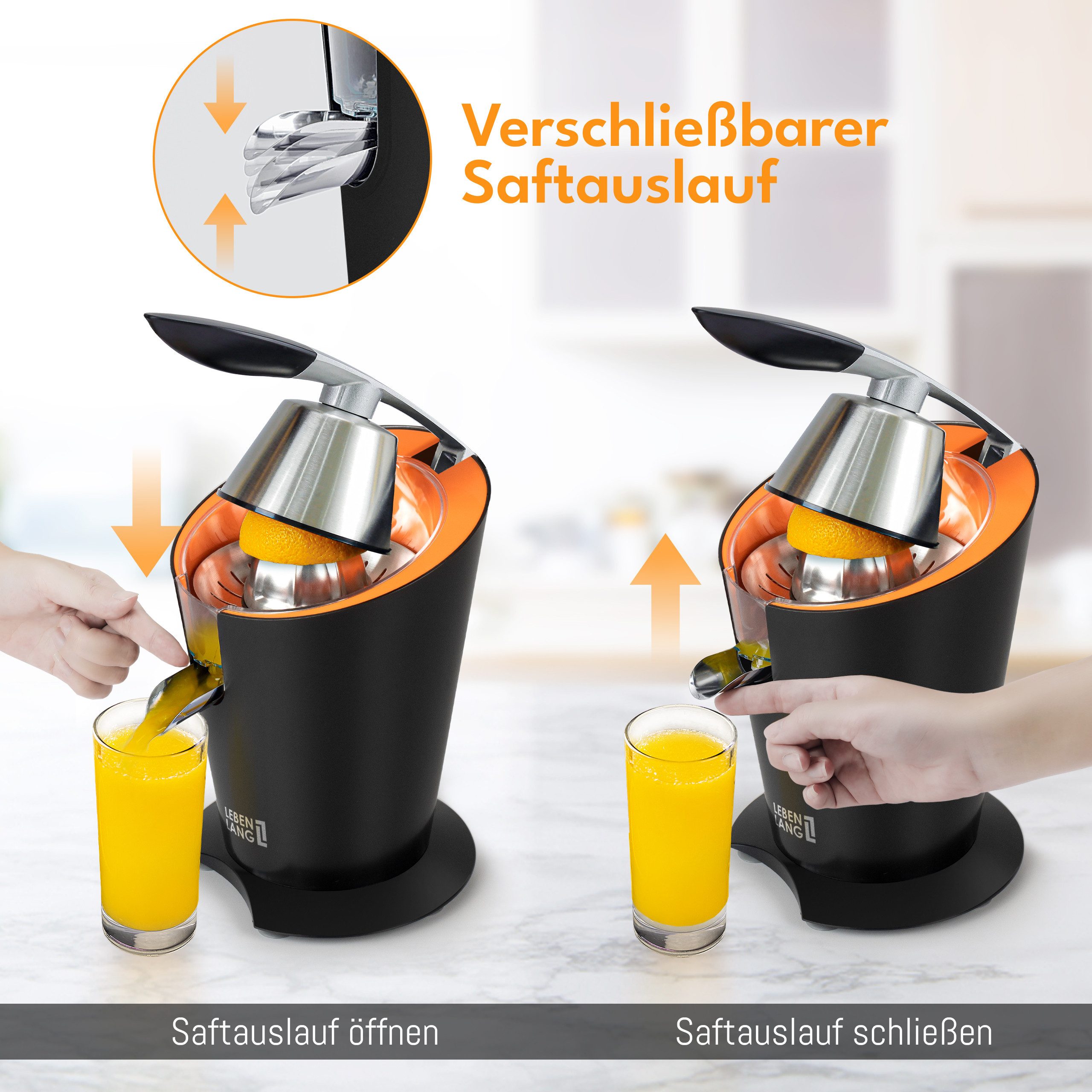 Lebenlang Zitruspresse LEBENLANG Saftpresse elektrisch 600W - Inkl. Edelstahlkegel & BPA-Frei, 600,00 W, Hohe Saftausbeute, Schwarz & Silber – Bild 4 von 5