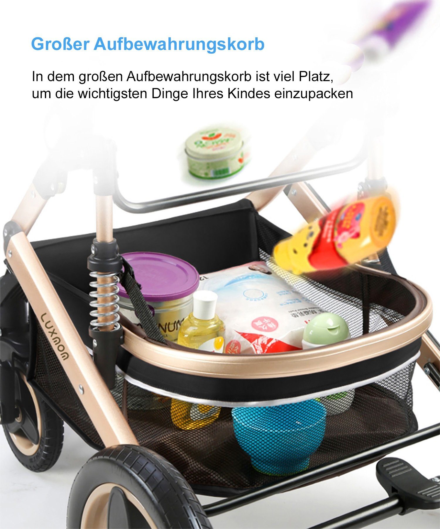 TPFLiving Kombi-Kinderwagen Baby Buggy Babyschale mit 3 Sicherheitsschlaufe 5-Punkt-Sicherheitsgurt 1 Kinderwagen Babywanne Stoßfederung- in Getränkehalter, Khaki