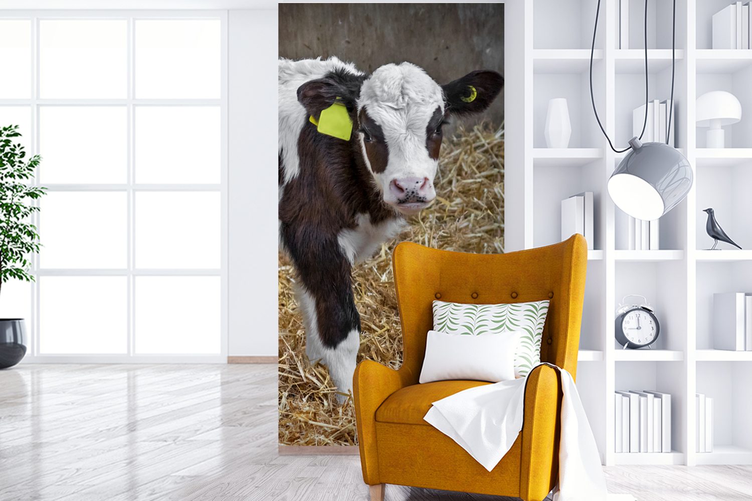 MuchoWow Fototapete Kuh - - Wohnzimmer für Vliestapete Tiere, Küche, (2 bedruckt, Stroh Fototapete Kalb St), - Schlafzimmer Matt