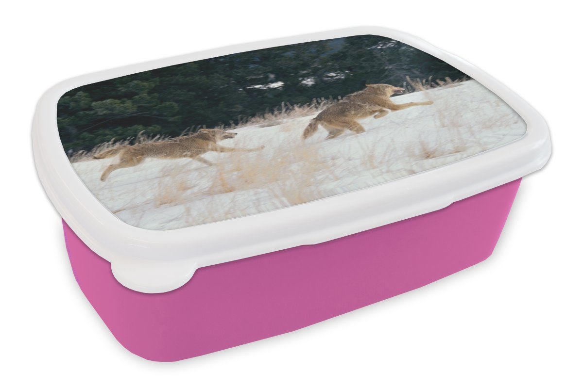 MuchoWow Lunchbox Wolf - Baum - Tiere, Kunststoff, (2-tlg), Brotbox für Erwachsene, Brotdose Kinder, Snackbox, Mädchen, Kunststoff rosa