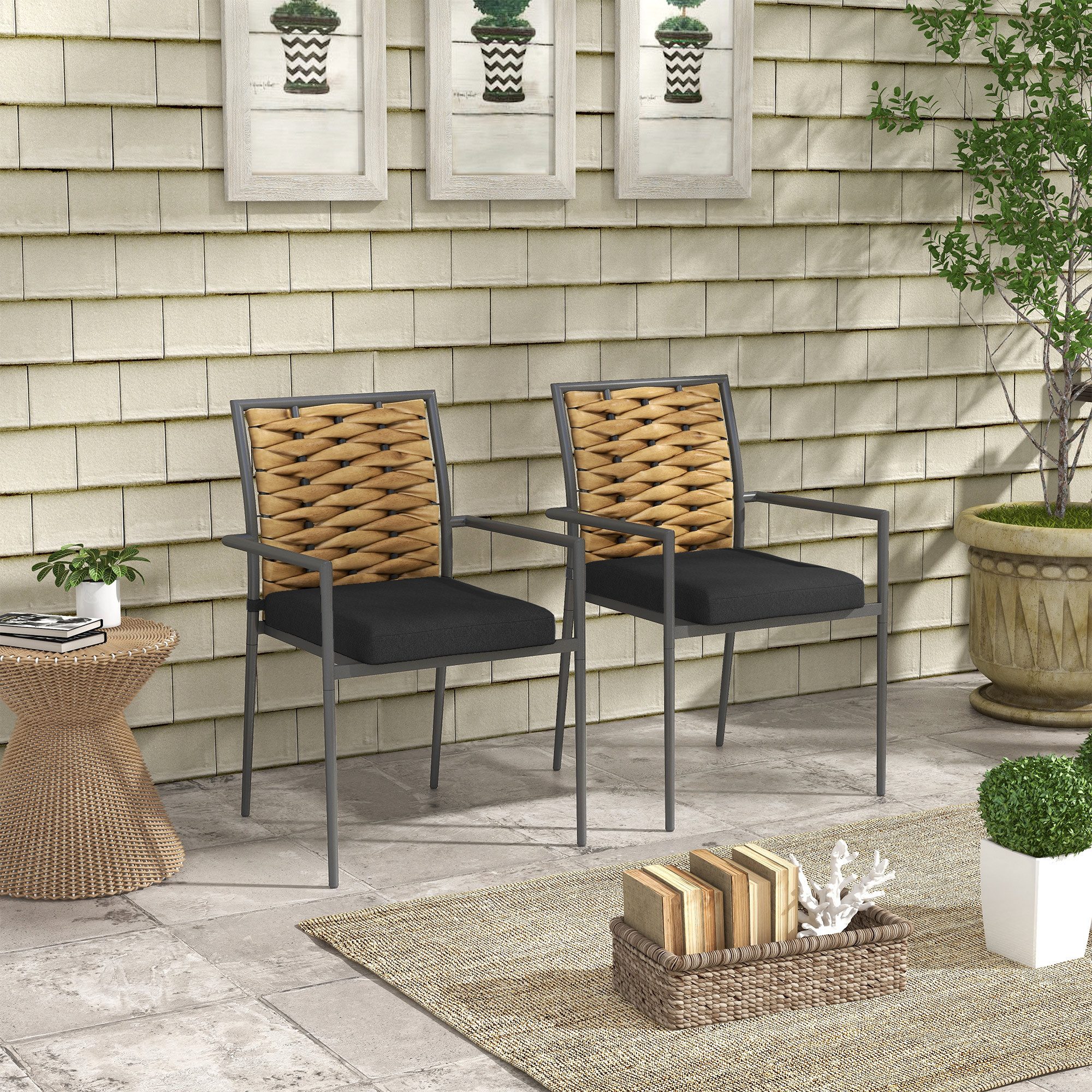 Outsunny Sitzgruppe Rattan Gartensessel Set mit Kissen, stapelbarer Gartenstuhl, (Gartenstuhl, 2-tlg., Balkonstuhl), für Terrasse, Stahl, 57 x 58 x 87 cm, Mehrfarbig