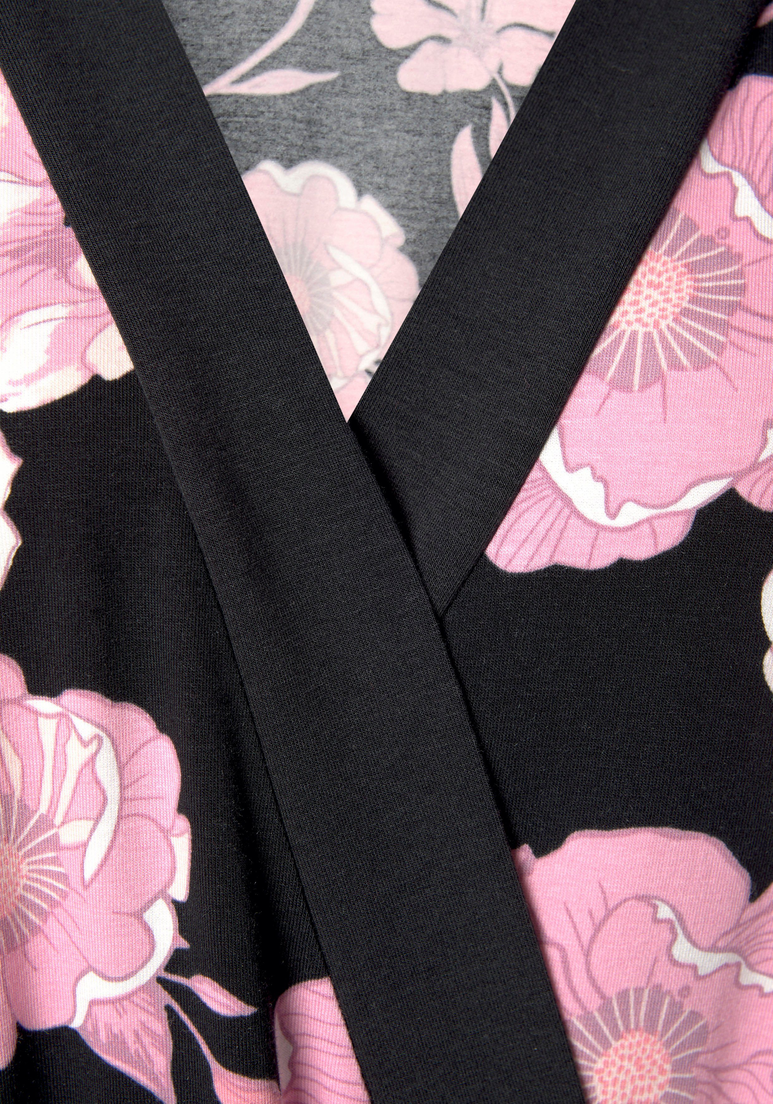 weiten Kimono, LASCANA Kurzform, und Bindeband rosa-schwarz-gemustert Ärmeln Baumwoll-Mix, mit Gürtel,