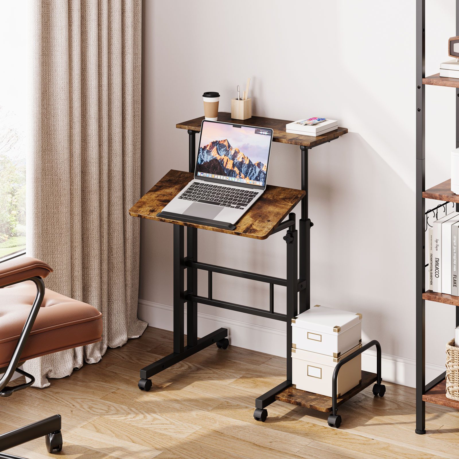 OUNUO Schreibtisch Laptoptisch Höhenverstellbar mit Rollen und kippbarer Tischplatte – Bild 3 von 5